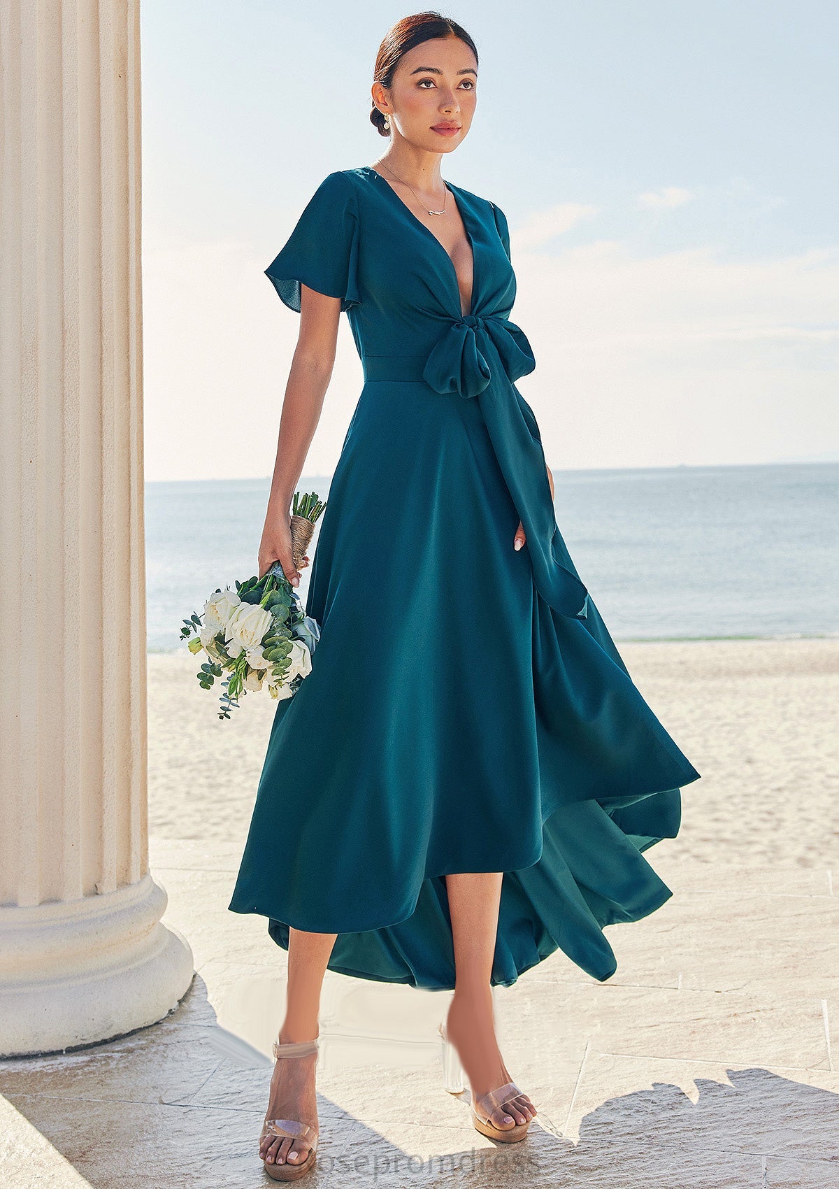 A-line V Neck Short Sleeve Asymmetrical Stretch Satin Bridesmaid Dresses with Bowknot Sashes Tania SRSP0025272