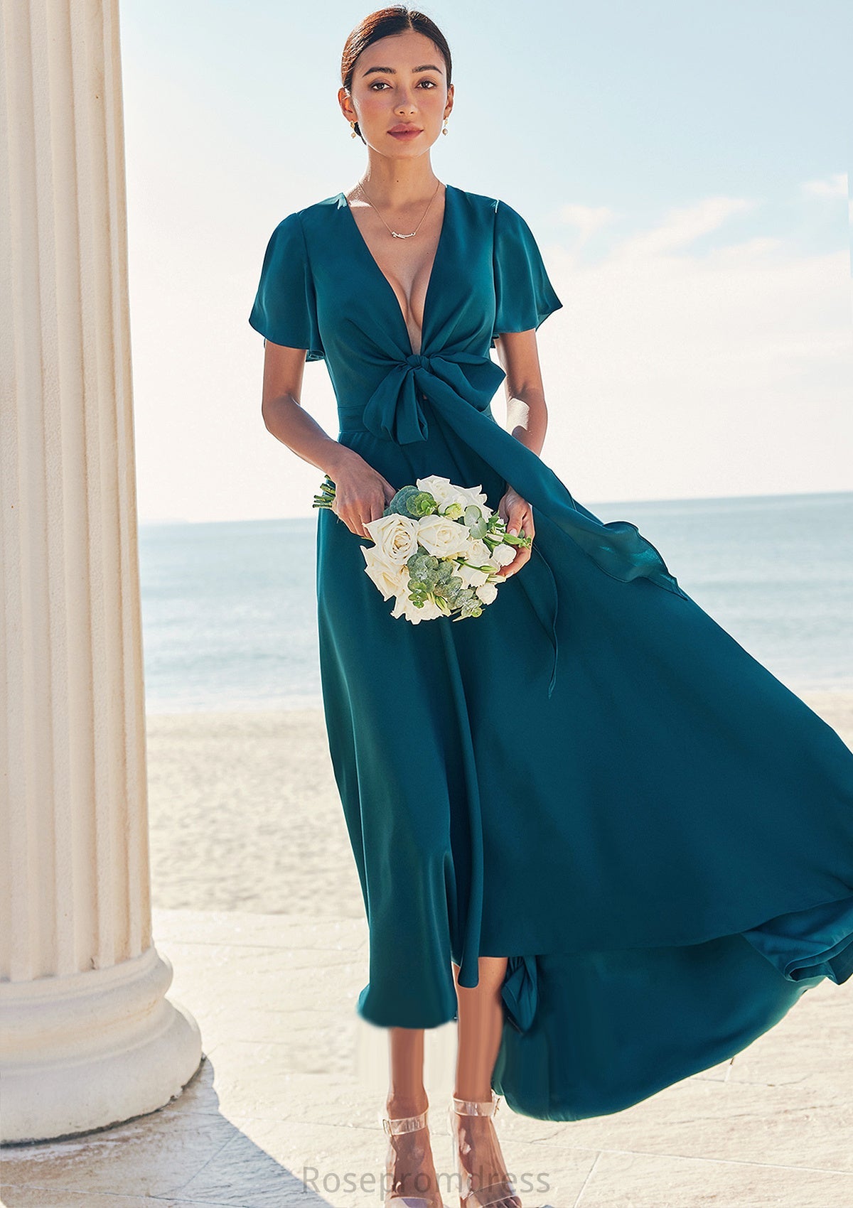 A-line V Neck Short Sleeve Asymmetrical Stretch Satin Bridesmaid Dresses with Bowknot Sashes Tania SRSP0025272