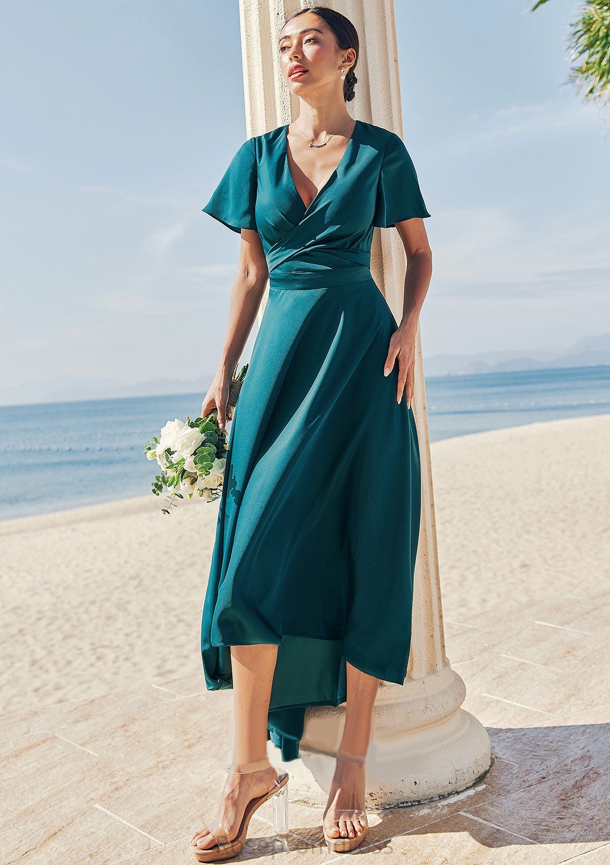 A-line V Neck Short Sleeve Asymmetrical Stretch Satin Bridesmaid Dresses with Bowknot Sashes Tania SRSP0025272