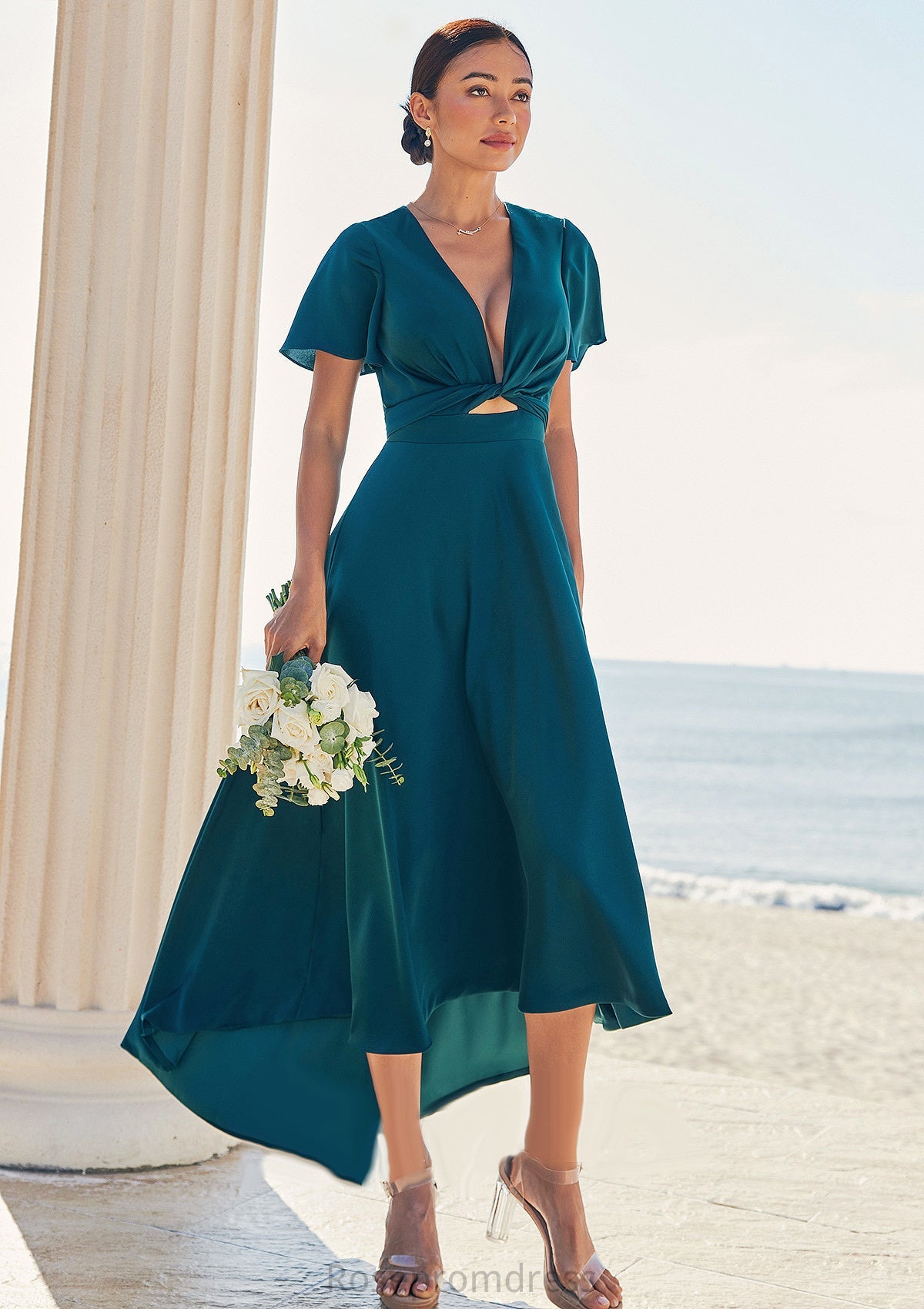 A-line V Neck Short Sleeve Asymmetrical Stretch Satin Bridesmaid Dresses with Bowknot Sashes Tania SRSP0025272