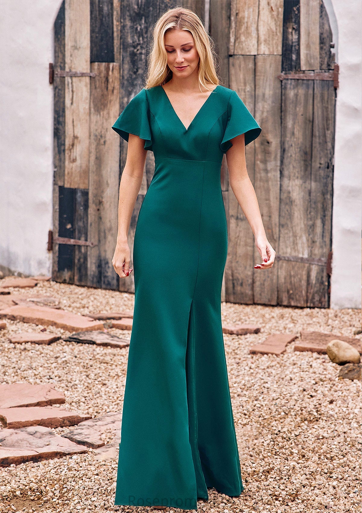 Trumpet/Mermaid V Neck Short Sleeve Stretch Crepe Floor-Length Bridesmaid Dresses with Split Isla SRSP0025273