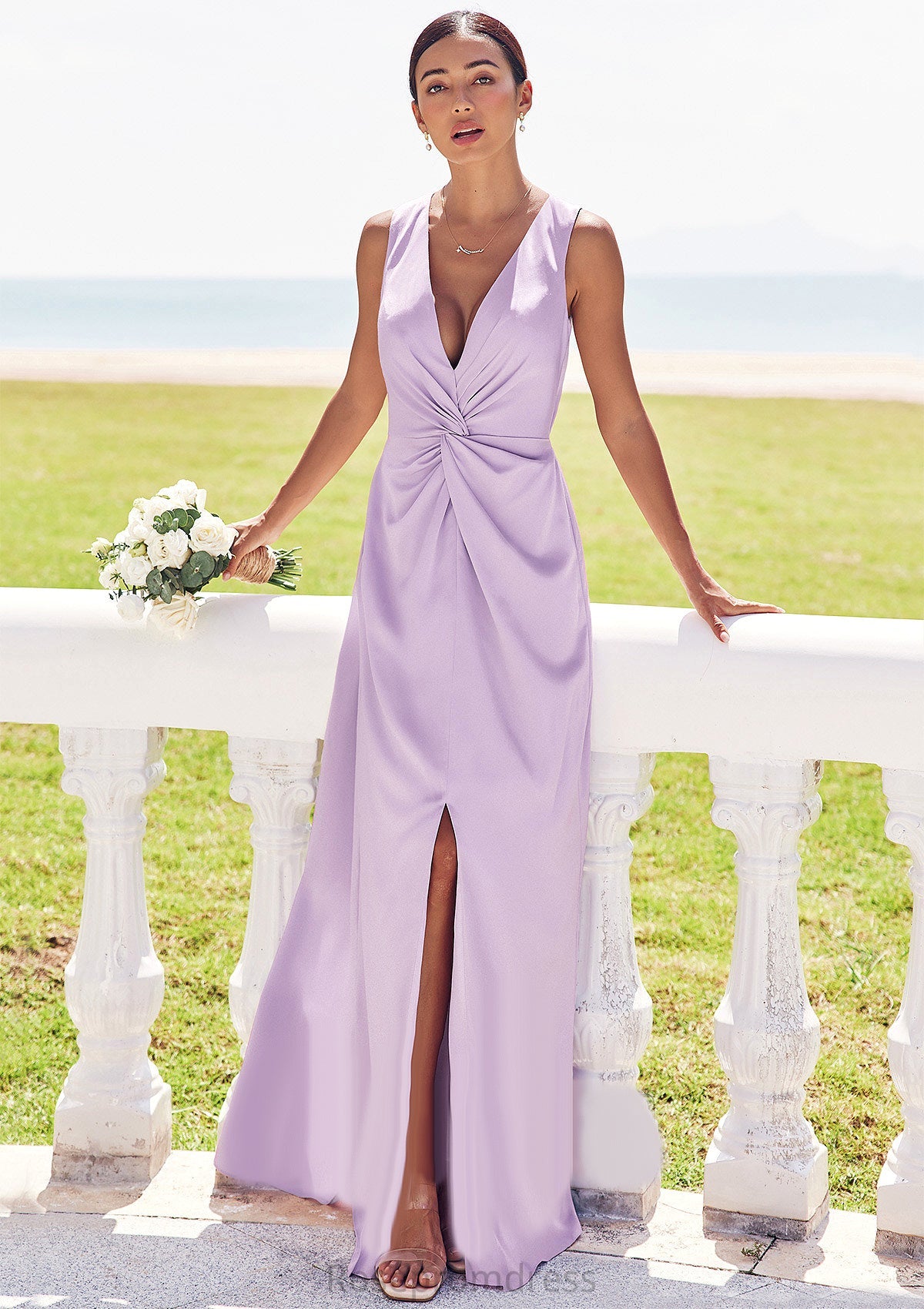 A-line V Neck Sleeveless Floor-Length Stretch Satin Bridesmaid Dresses with Pleated Split Makenna SRSP0025276