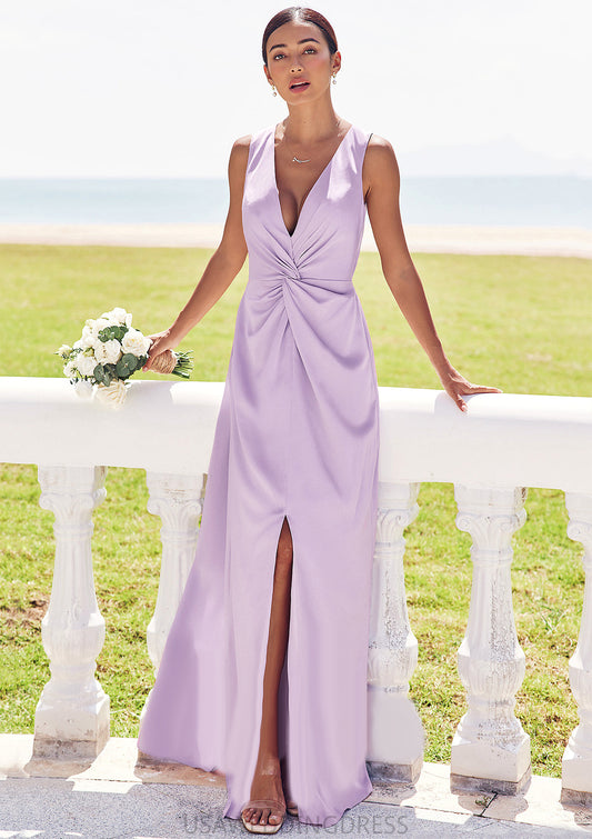 A-line V Neck Sleeveless Floor-Length Stretch Satin Bridesmaid Dresses with Pleated Split Mireya DSP0025276