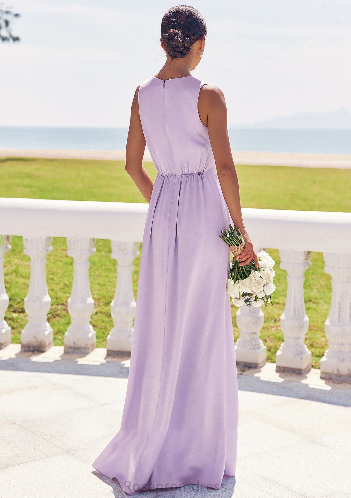 A-line V Neck Sleeveless Floor-Length Stretch Satin Bridesmaid Dresses with Pleated Split Makenna SRSP0025276