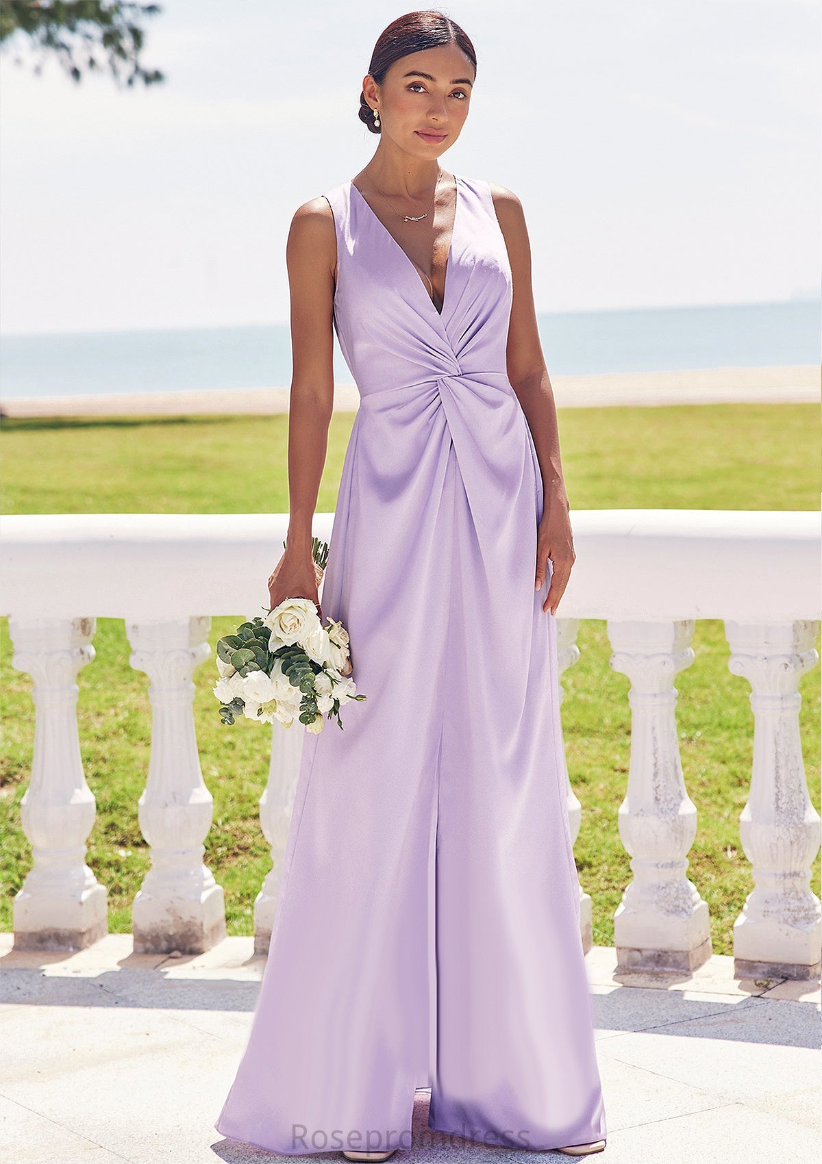 A-line V Neck Sleeveless Floor-Length Stretch Satin Bridesmaid Dresses with Pleated Split Makenna SRSP0025276