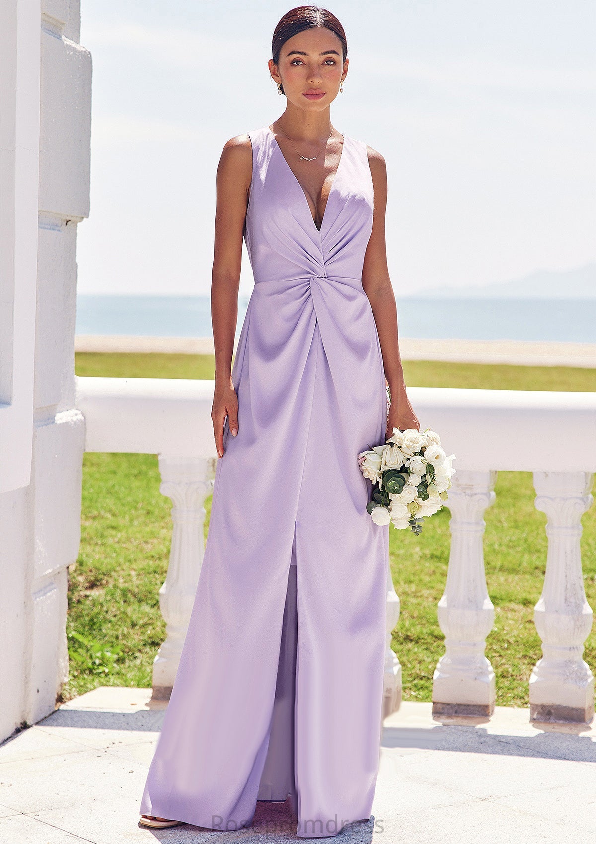 A-line V Neck Sleeveless Floor-Length Stretch Satin Bridesmaid Dresses with Pleated Split Makenna SRSP0025276