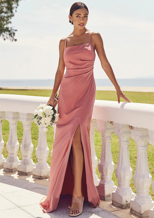 Sheath/Column Square Neckline Sleeveless Floor-Length Stretch Satin Bridesmaid Dresses with Pleated Split Mildred SRSP0025277