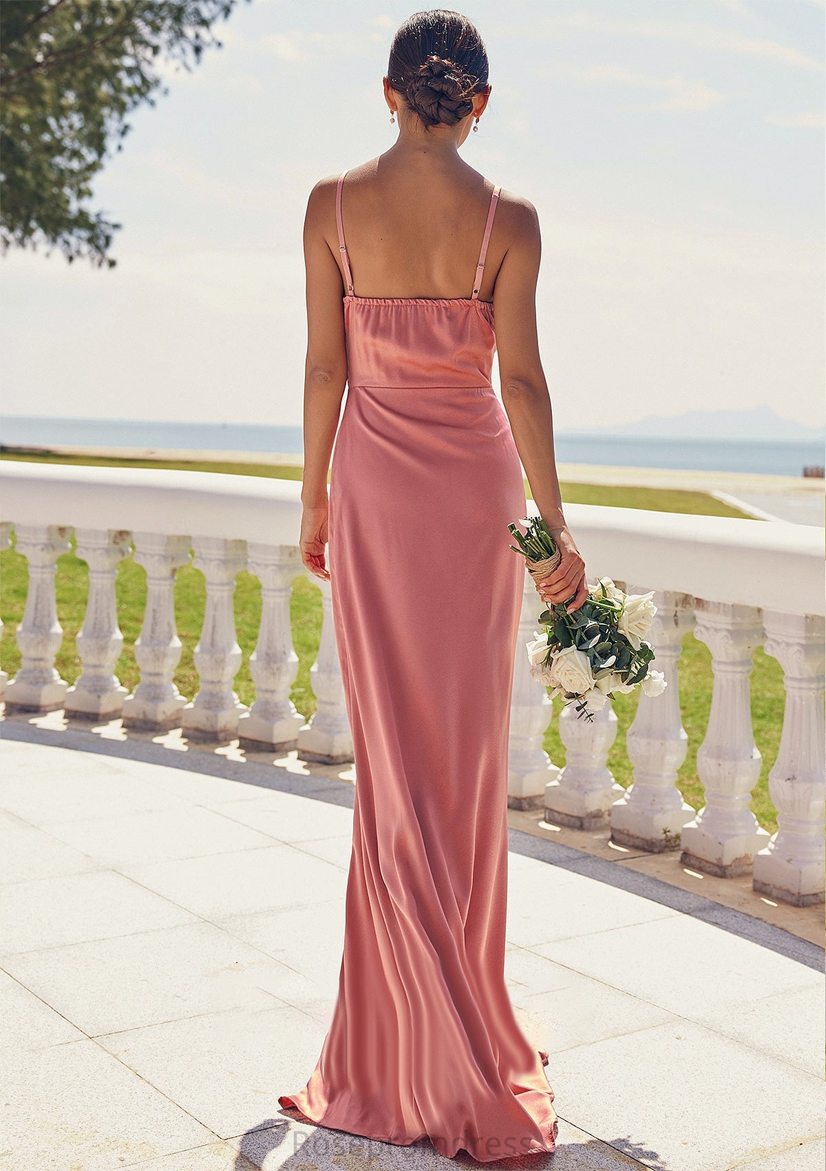 Sheath/Column Square Neckline Sleeveless Floor-Length Stretch Satin Bridesmaid Dresses with Pleated Split Mildred SRSP0025277