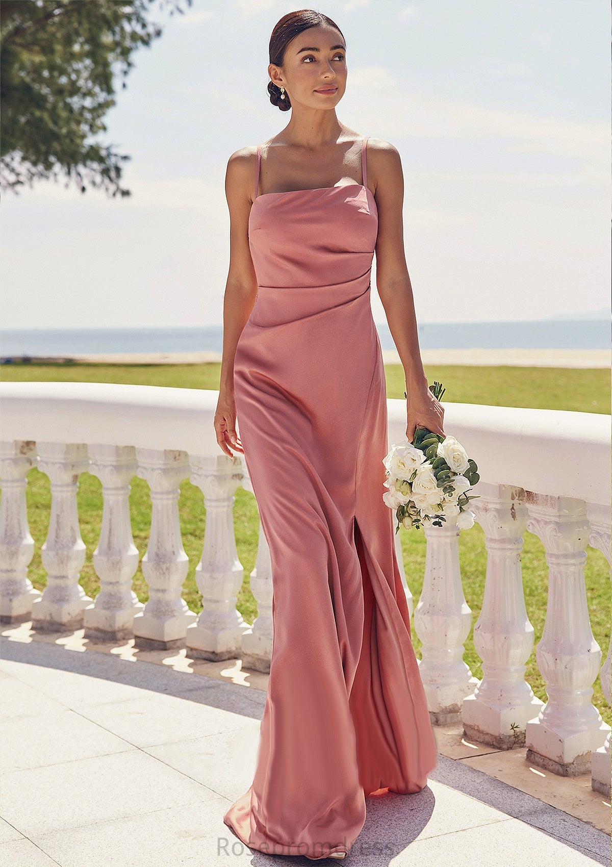 Sheath/Column Square Neckline Sleeveless Floor-Length Stretch Satin Bridesmaid Dresses with Pleated Split Mildred SRSP0025277