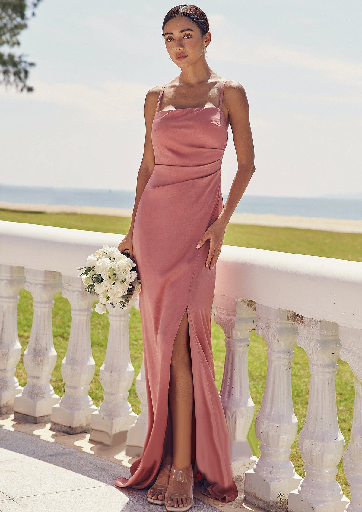 Sheath/Column Square Neckline Sleeveless Floor-Length Stretch Satin Bridesmaid Dresses with Pleated Split Mildred SRSP0025277