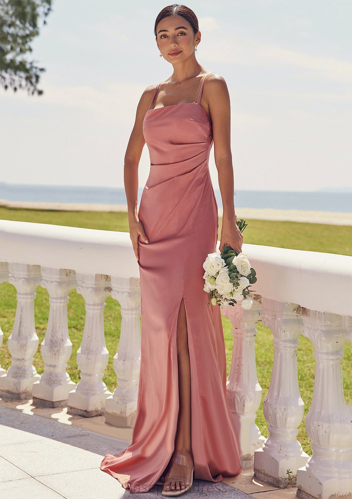 Sheath/Column Square Neckline Sleeveless Floor-Length Stretch Satin Bridesmaid Dresses with Pleated Split Mildred SRSP0025277