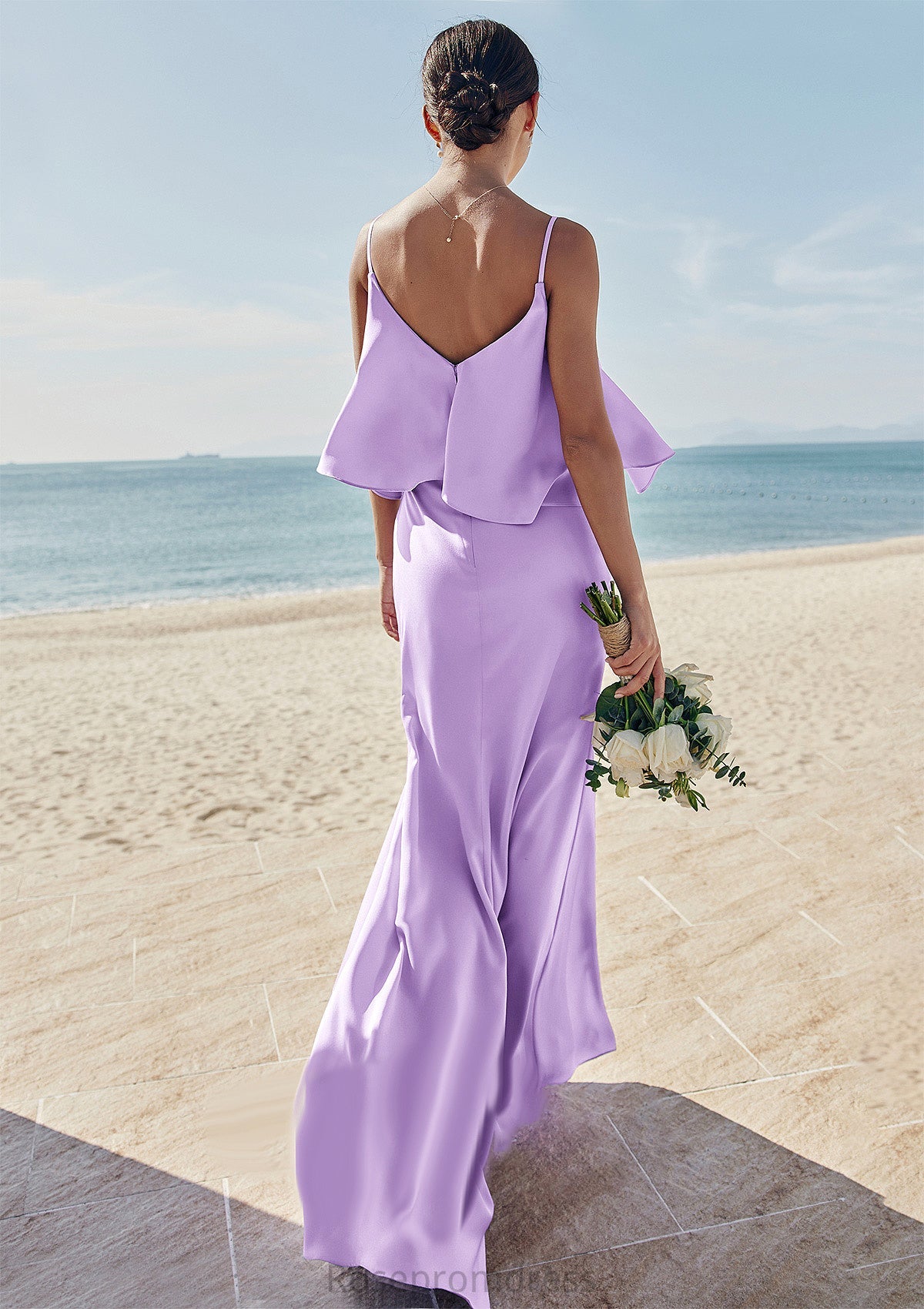 Sheath/Column V Neck Sleeveless Floor-Length Stretch Satin Bridesmaid Dresses with Ruffles Dayami SRSP0025278