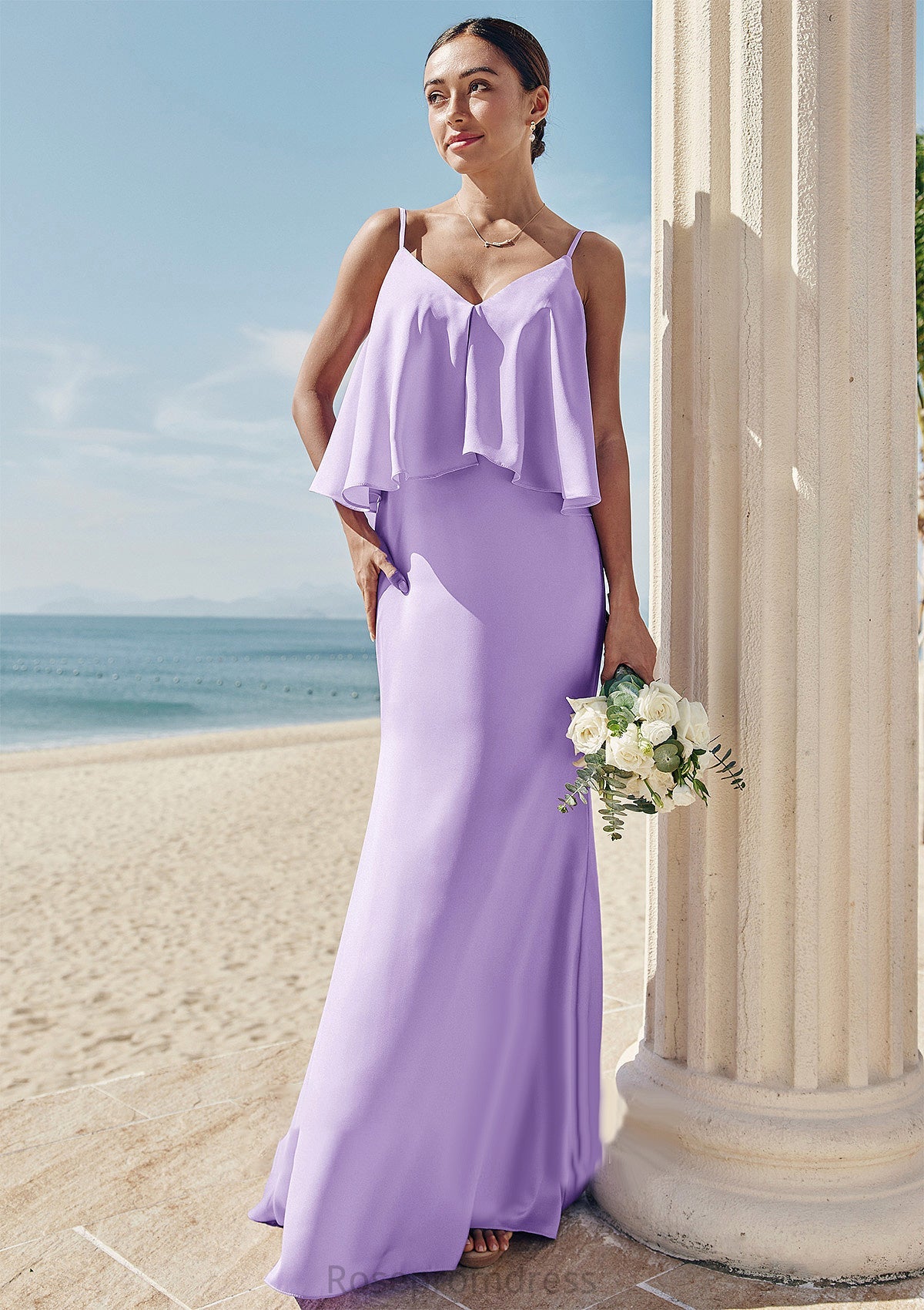 Sheath/Column V Neck Sleeveless Floor-Length Stretch Satin Bridesmaid Dresses with Ruffles Dayami SRSP0025278