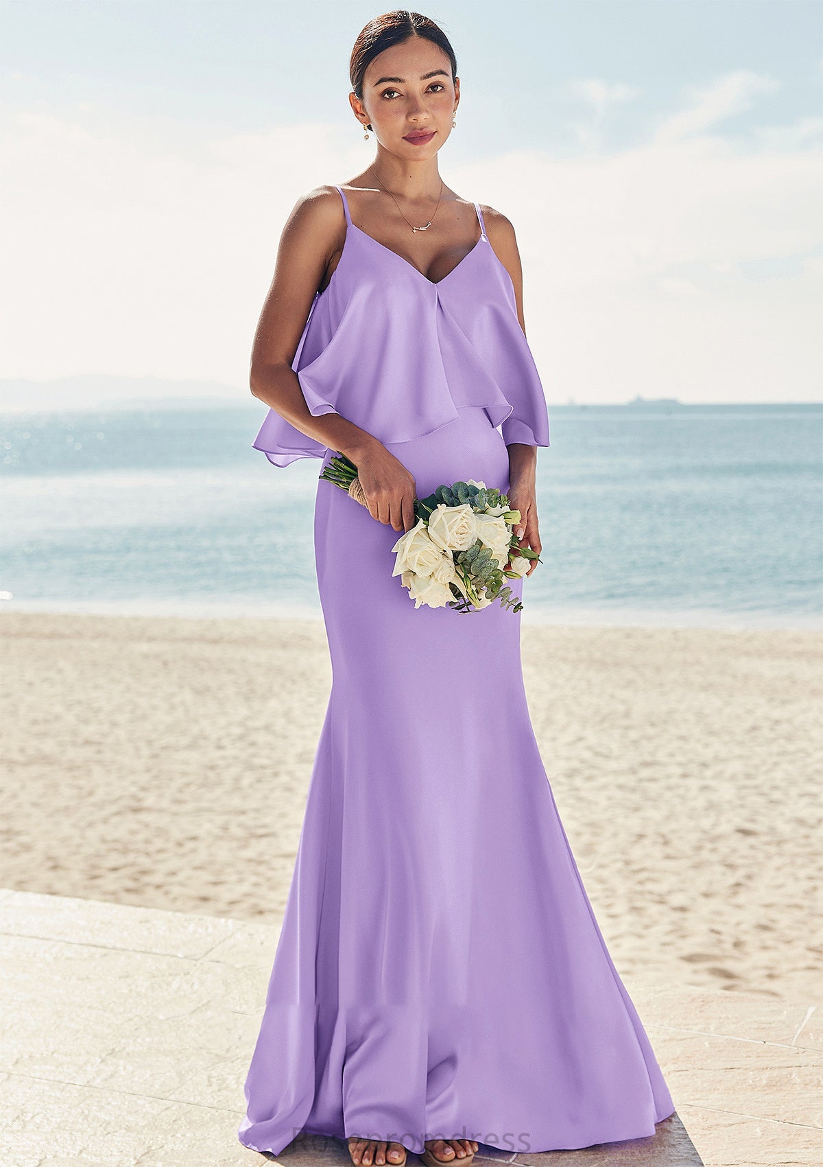 Sheath/Column V Neck Sleeveless Floor-Length Stretch Satin Bridesmaid Dresses with Ruffles Dayami SRSP0025278