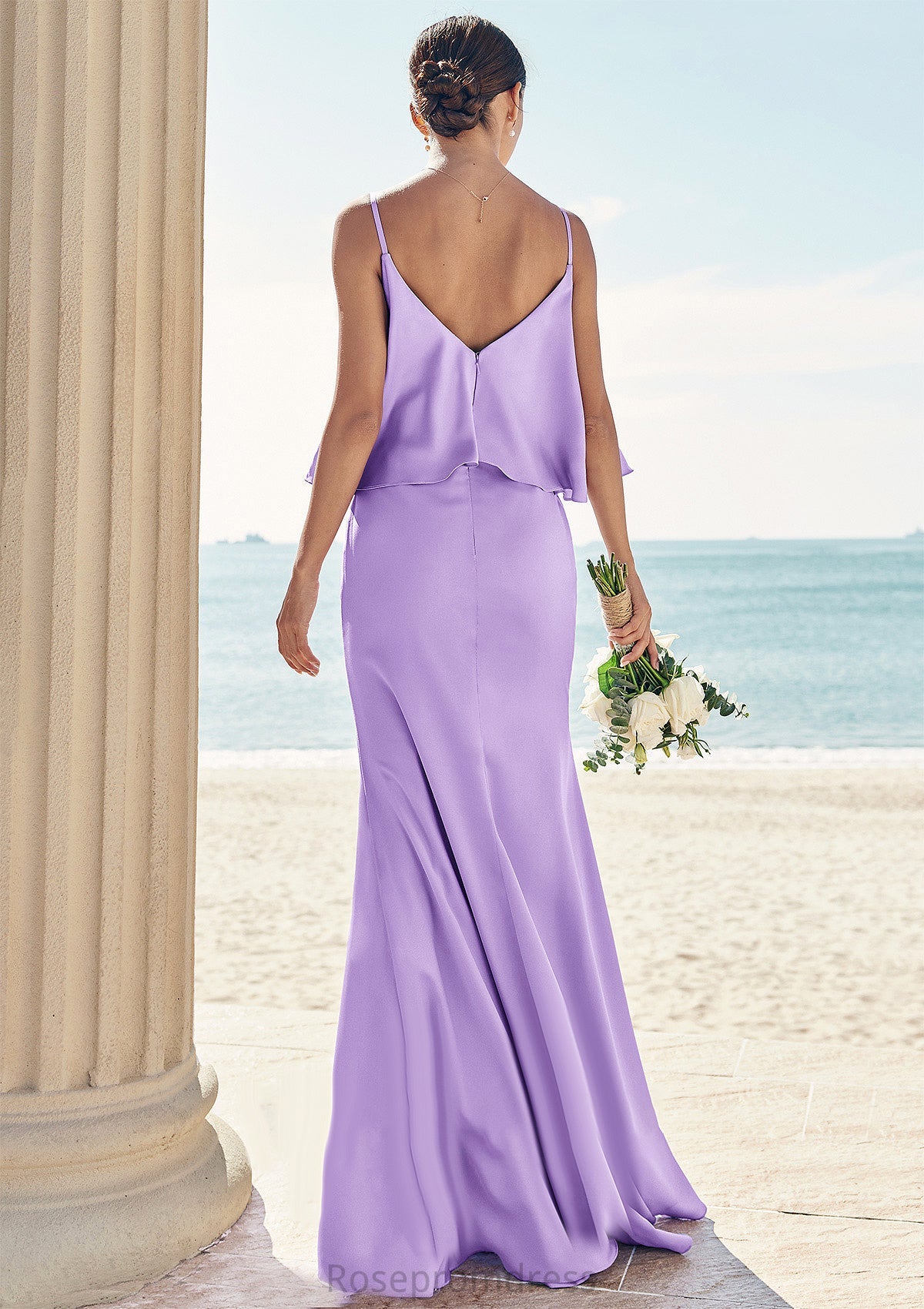 Sheath/Column V Neck Sleeveless Floor-Length Stretch Satin Bridesmaid Dresses with Ruffles Dayami SRSP0025278