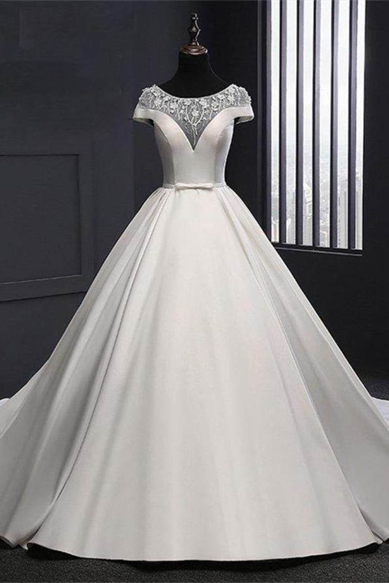 Formal Vintage Ivory Lace Satin Long Ball Gown Wedding Dresses