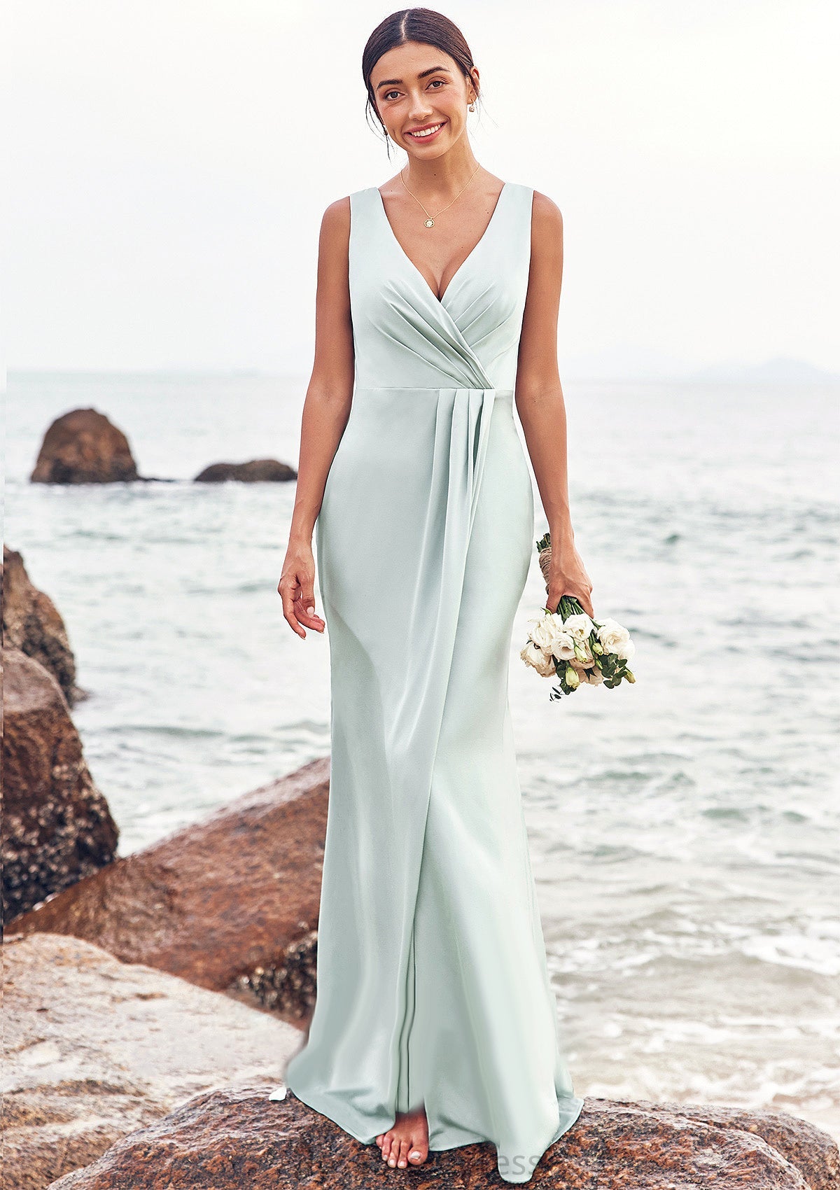 Sheath/Column V Neck Sleeveless Floor-Length Stretch Satin Bridesmaid Dresses with Pleated Split Lina SRSP0025279