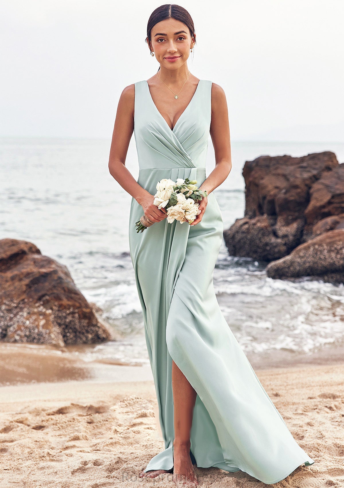 Sheath/Column V Neck Sleeveless Floor-Length Stretch Satin Bridesmaid Dresses with Pleated Split Lina SRSP0025279