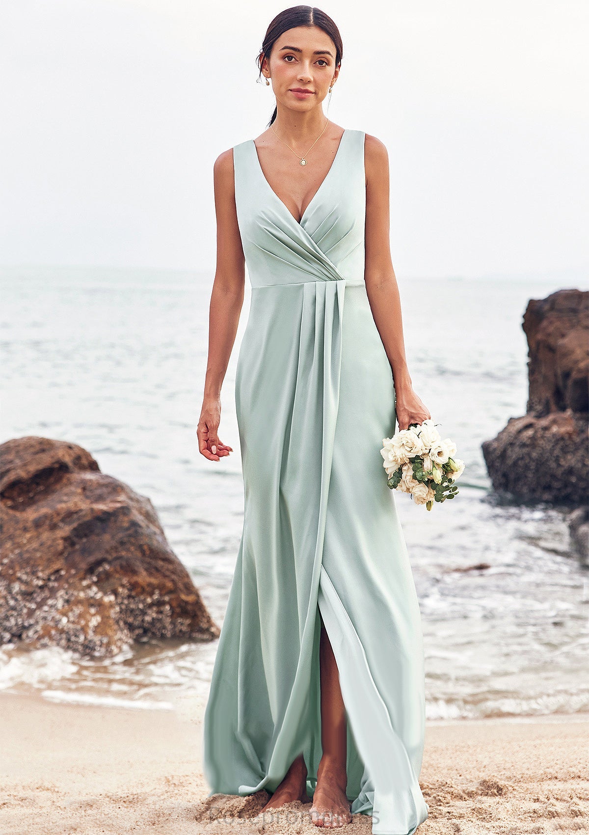 Sheath/Column V Neck Sleeveless Floor-Length Stretch Satin Bridesmaid Dresses with Pleated Split Lina SRSP0025279