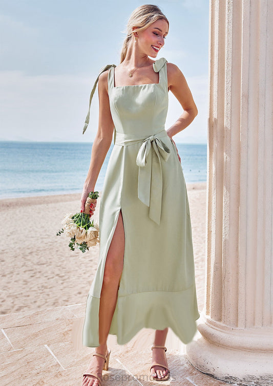 Sheath/Column Square Neckline Sleeveless Tea-Length Stretch Satin Bridesmaid Dresses with Bowknot Ruffles Split Emelia SRSP0025280