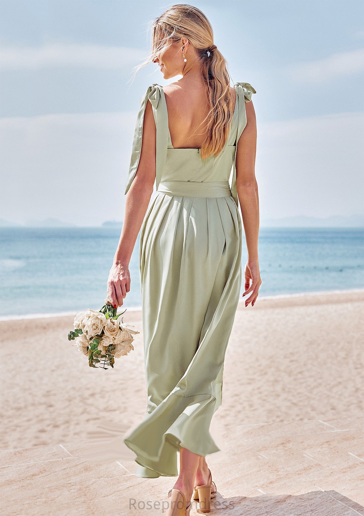 Sheath/Column Square Neckline Sleeveless Tea-Length Stretch Satin Bridesmaid Dresses with Bowknot Ruffles Split Emelia SRSP0025280