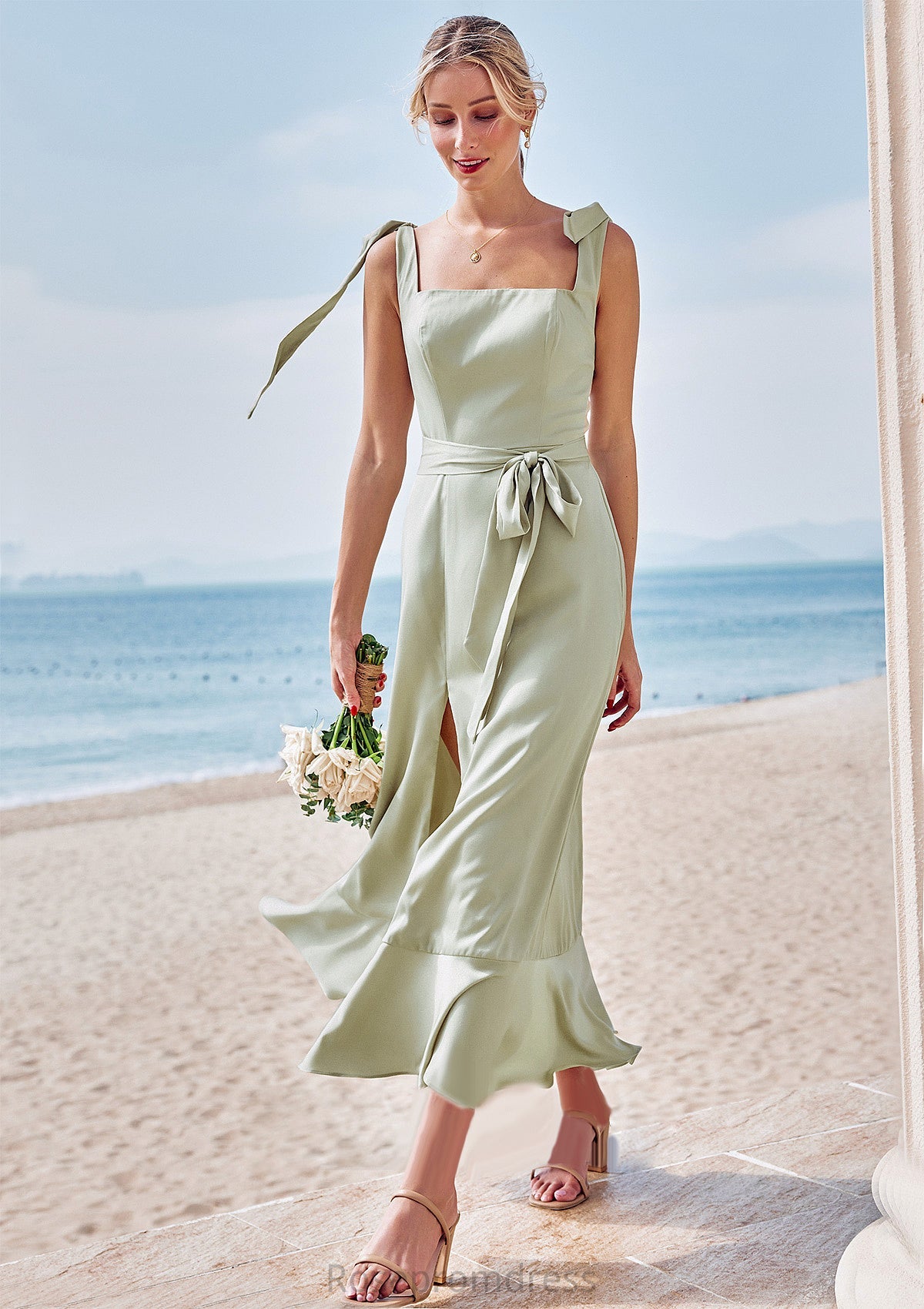 Sheath/Column Square Neckline Sleeveless Tea-Length Stretch Satin Bridesmaid Dresses with Bowknot Ruffles Split Emelia SRSP0025280