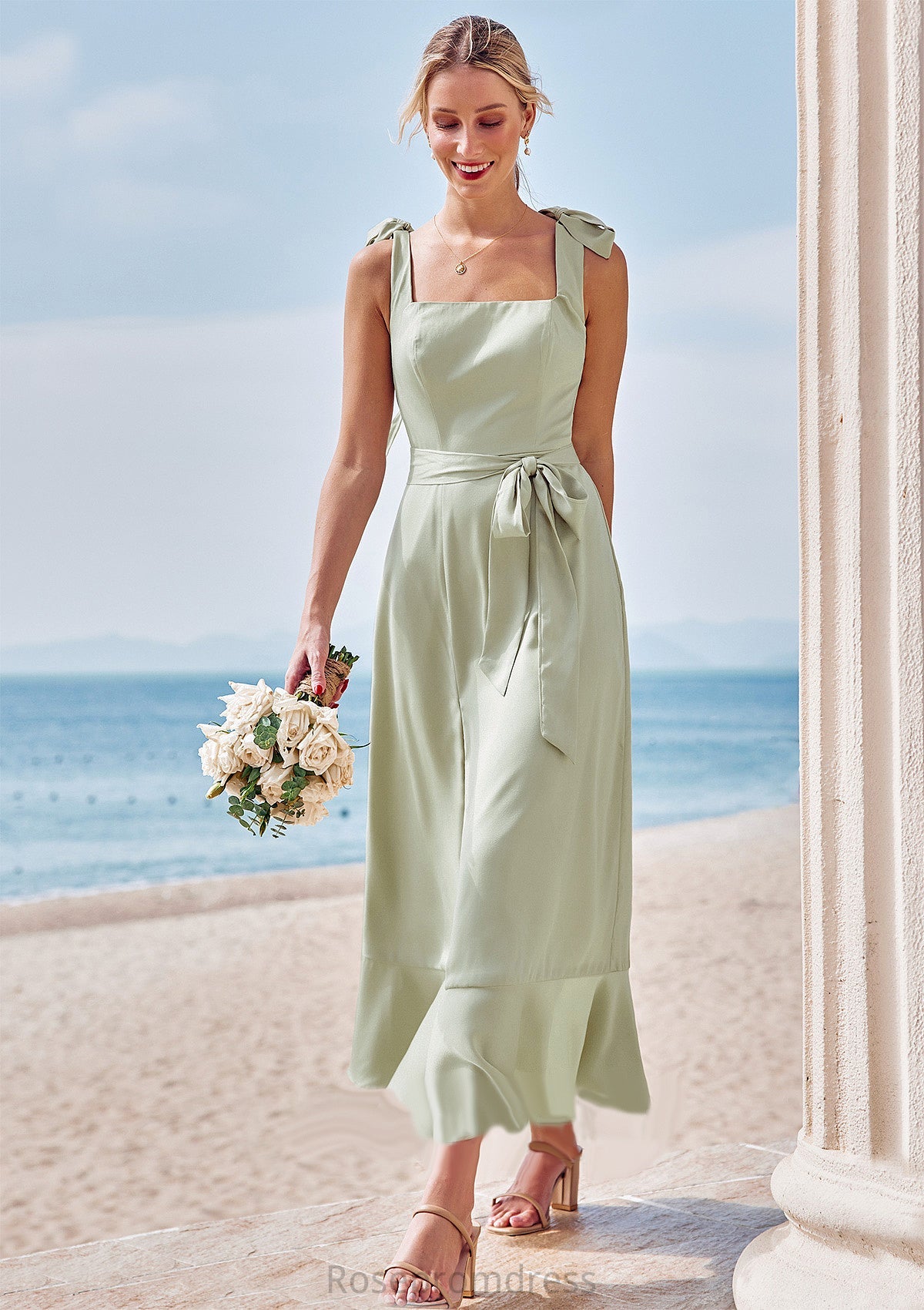 Sheath/Column Square Neckline Sleeveless Tea-Length Stretch Satin Bridesmaid Dresses with Bowknot Ruffles Split Emelia SRSP0025280