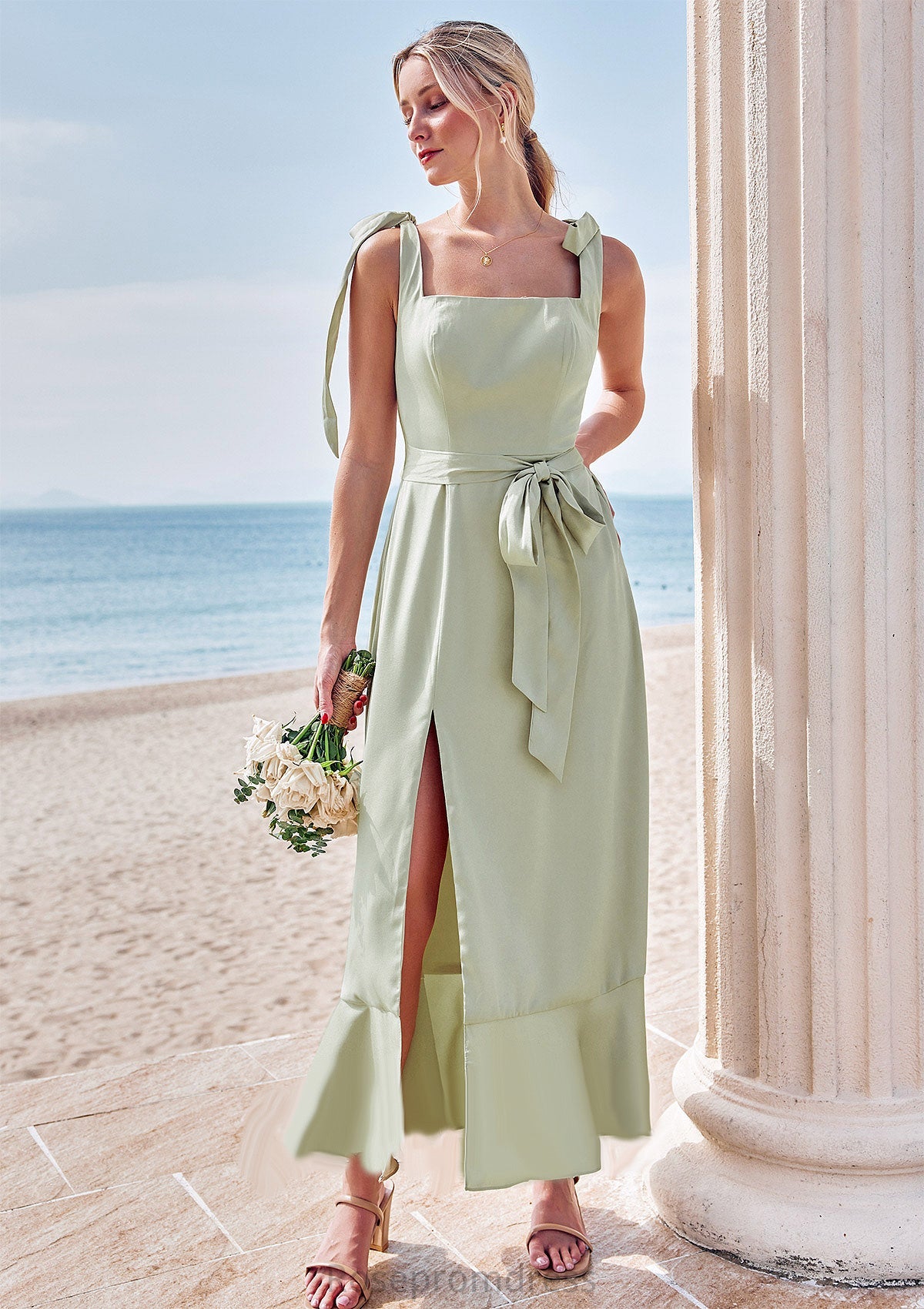 Sheath/Column Square Neckline Sleeveless Tea-Length Stretch Satin Bridesmaid Dresses with Bowknot Ruffles Split Emelia SRSP0025280