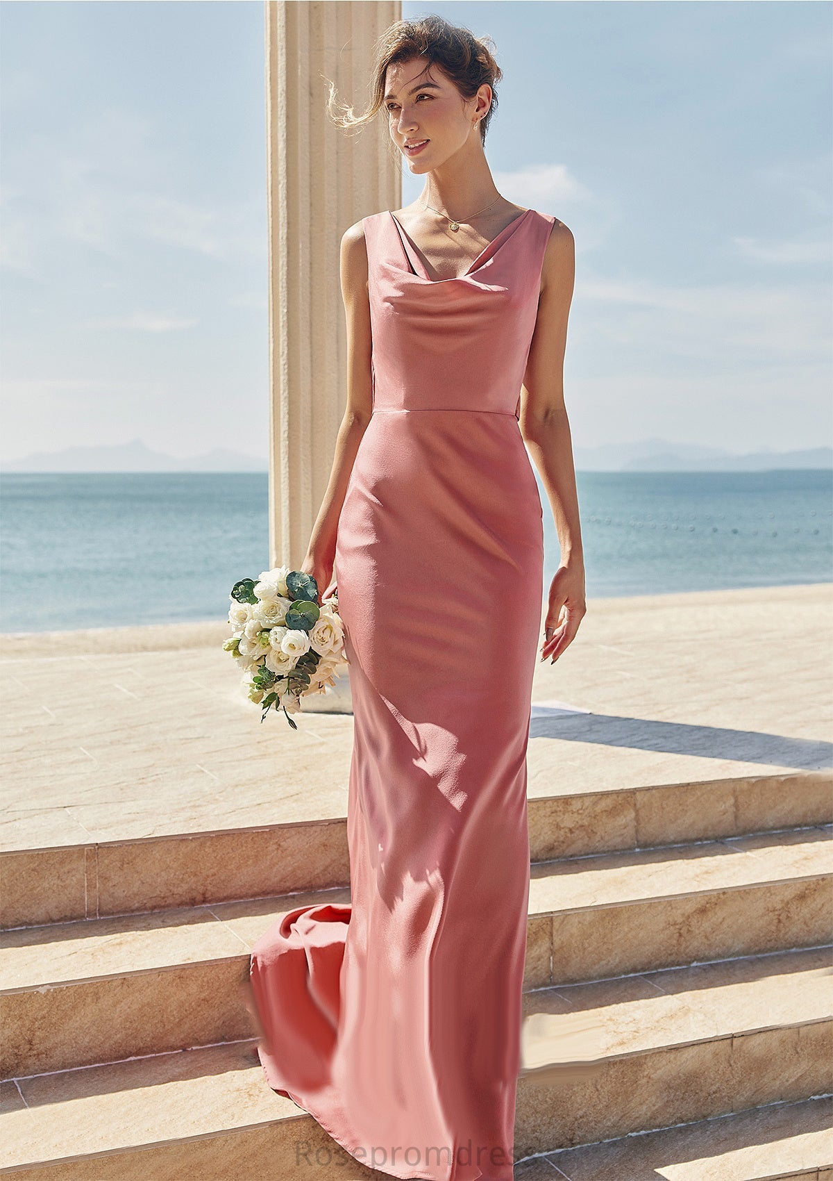 Trumpet/Mermaid Cowl Neck Sleeveless Floor-Length Stretch Satin Bridesmaid Dresses with Sashes Cassidy SRSP0025281