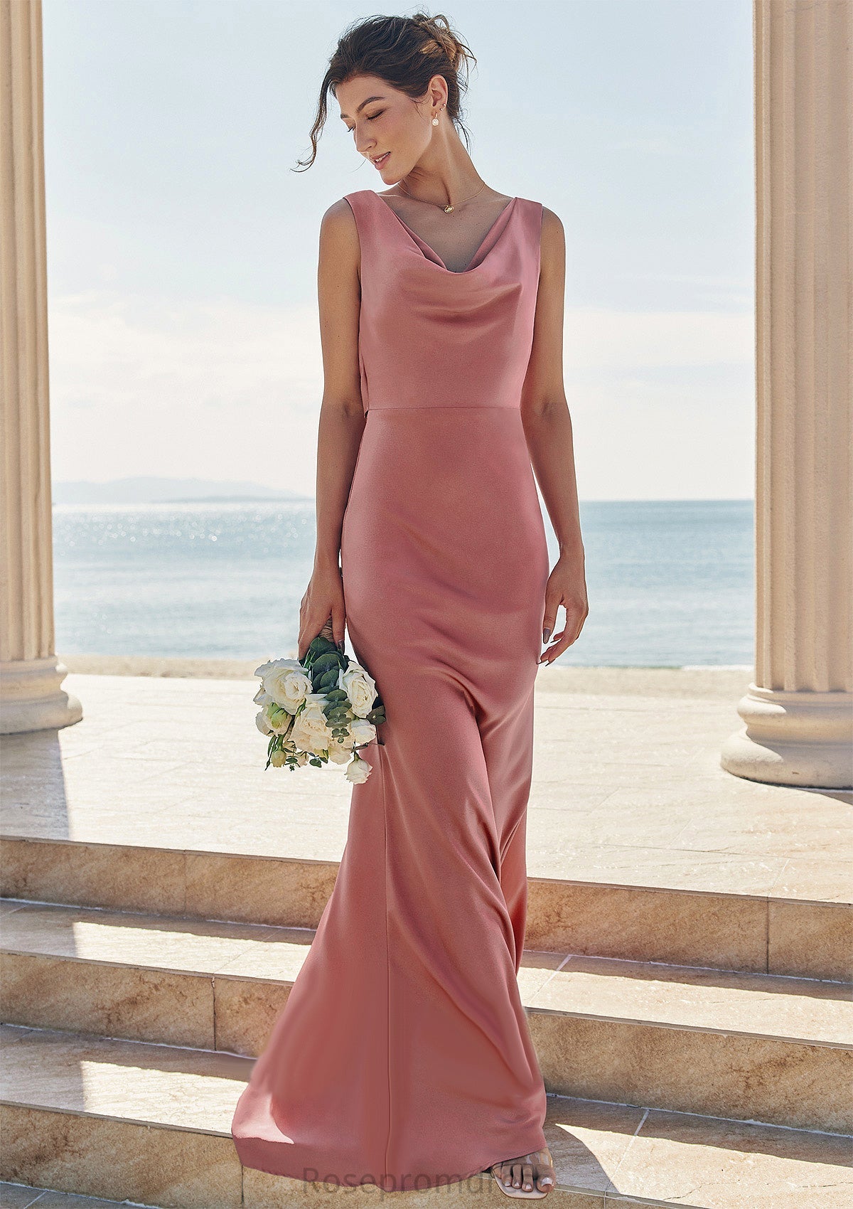 Trumpet/Mermaid Cowl Neck Sleeveless Floor-Length Stretch Satin Bridesmaid Dresses with Sashes Cassidy SRSP0025281