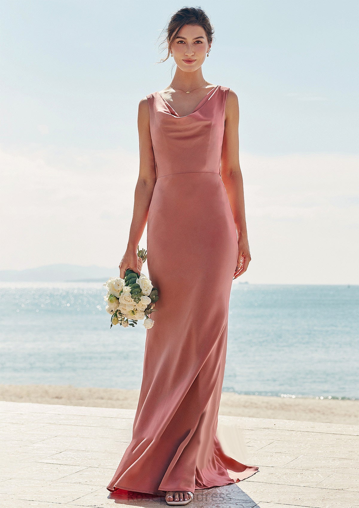 Trumpet/Mermaid Cowl Neck Sleeveless Floor-Length Stretch Satin Bridesmaid Dresses with Sashes Cassidy SRSP0025281