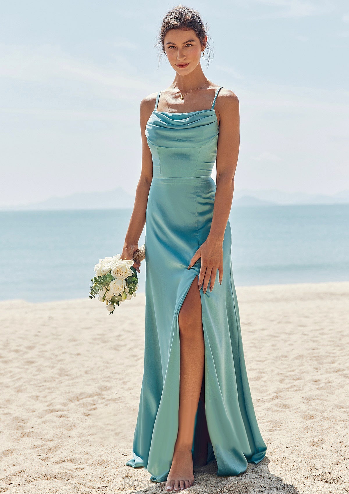 Sheath/Column Square Neckline Sleeveless Floor-Length Stretch Satin Bridesmaid Dresses with Pleated Split Payten SRSP0025282