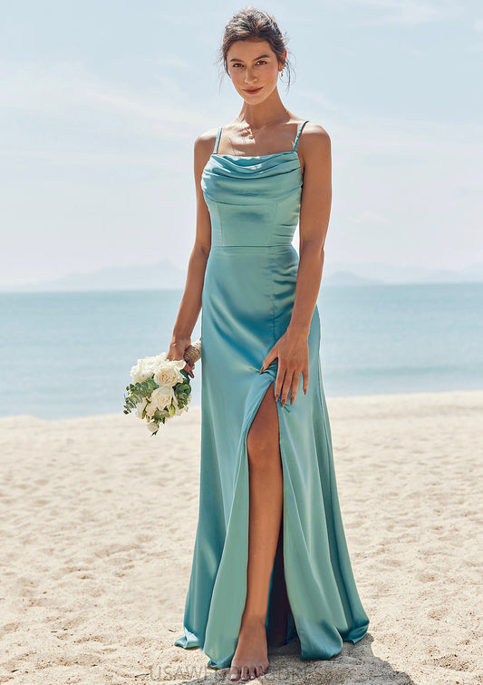 Sheath/Column Square Neckline Sleeveless Floor-Length Stretch Satin Bridesmaid Dresses with Pleated Split Willow DSP0025282