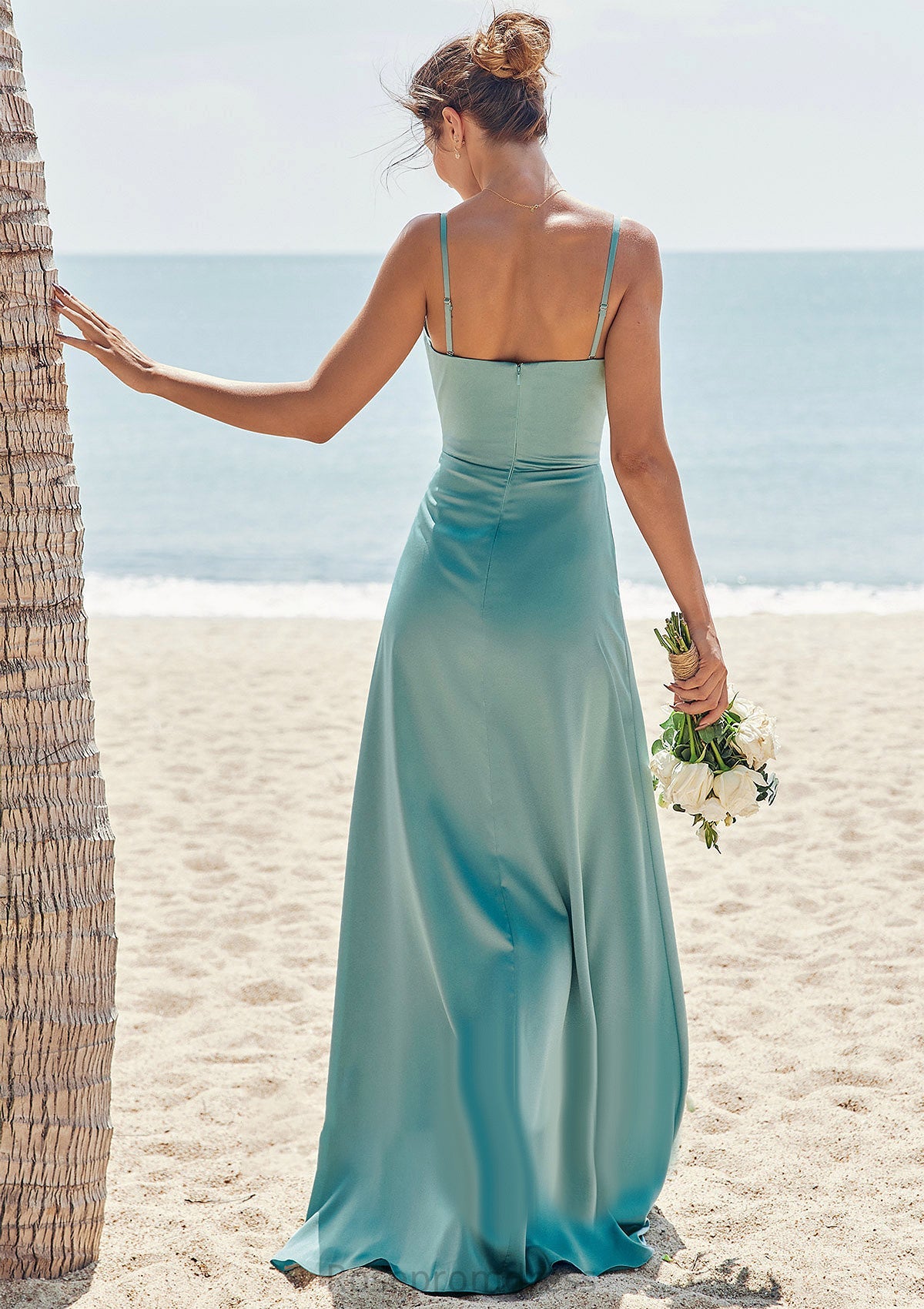 Sheath/Column Square Neckline Sleeveless Floor-Length Stretch Satin Bridesmaid Dresses with Pleated Split Payten SRSP0025282