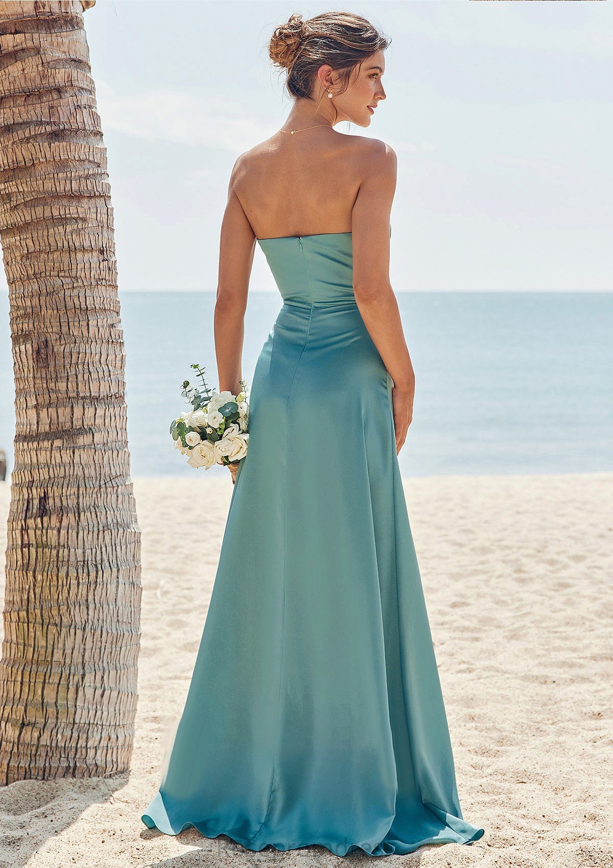 Sheath/Column Square Neckline Sleeveless Floor-Length Stretch Satin Bridesmaid Dresses with Pleated Split Payten SRSP0025282