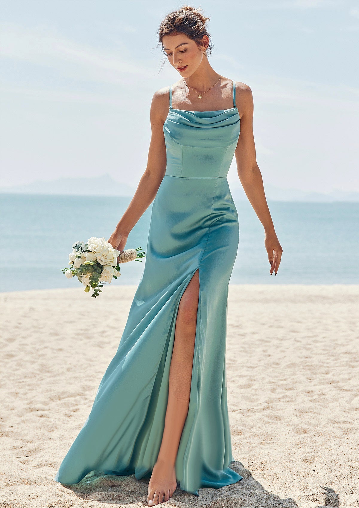 Sheath/Column Square Neckline Sleeveless Floor-Length Stretch Satin Bridesmaid Dresses with Pleated Split Payten SRSP0025282