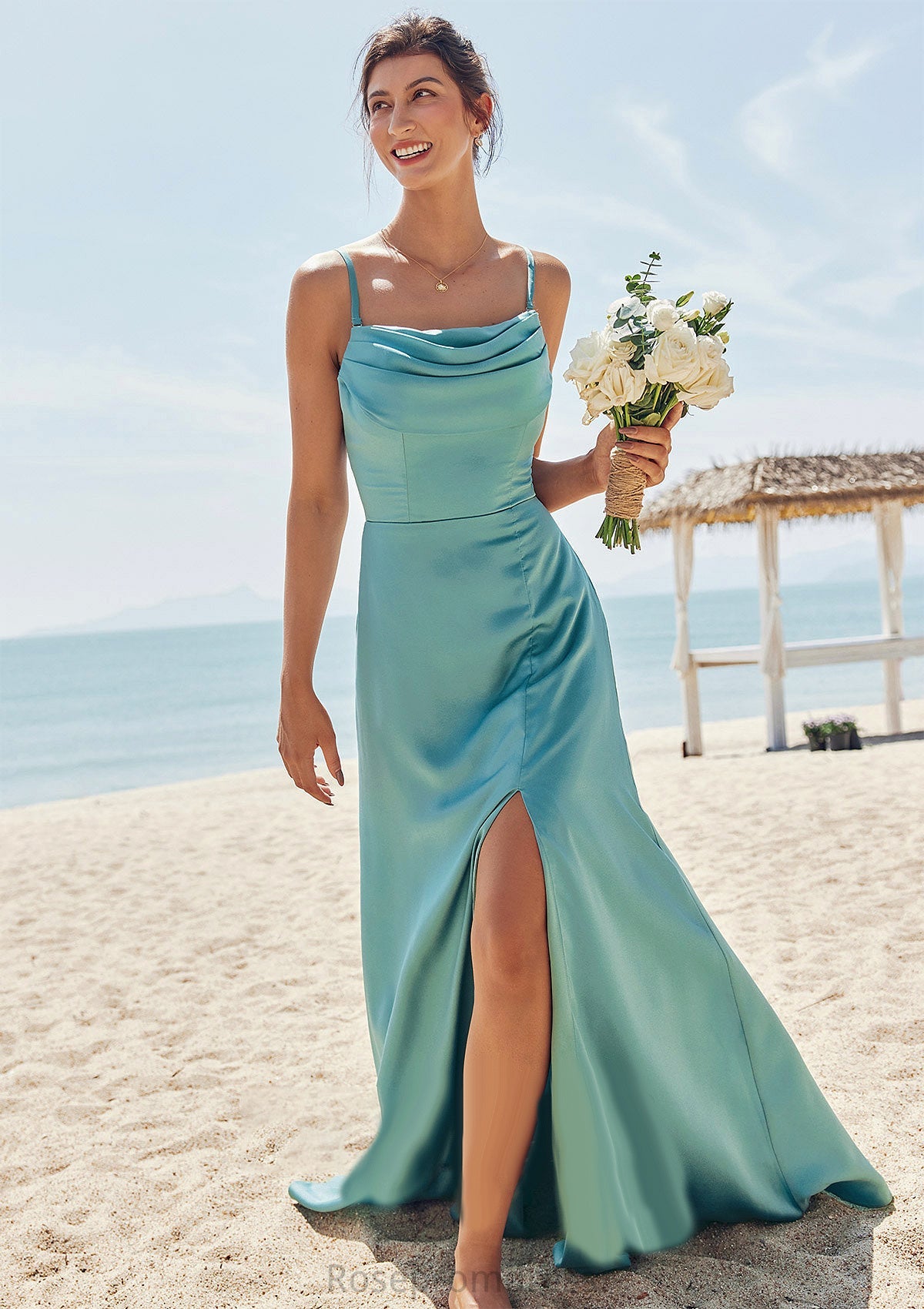 Sheath/Column Square Neckline Sleeveless Floor-Length Stretch Satin Bridesmaid Dresses with Pleated Split Payten SRSP0025282