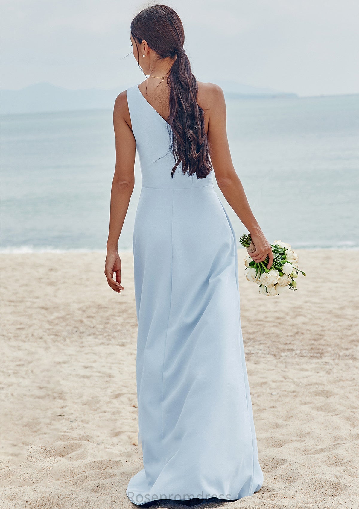 A-line One-Shoulder Sleeveless Floor-Length Stretch Crepe Bridesmaid Dresses with Pleated Split Gia SRSP0025284