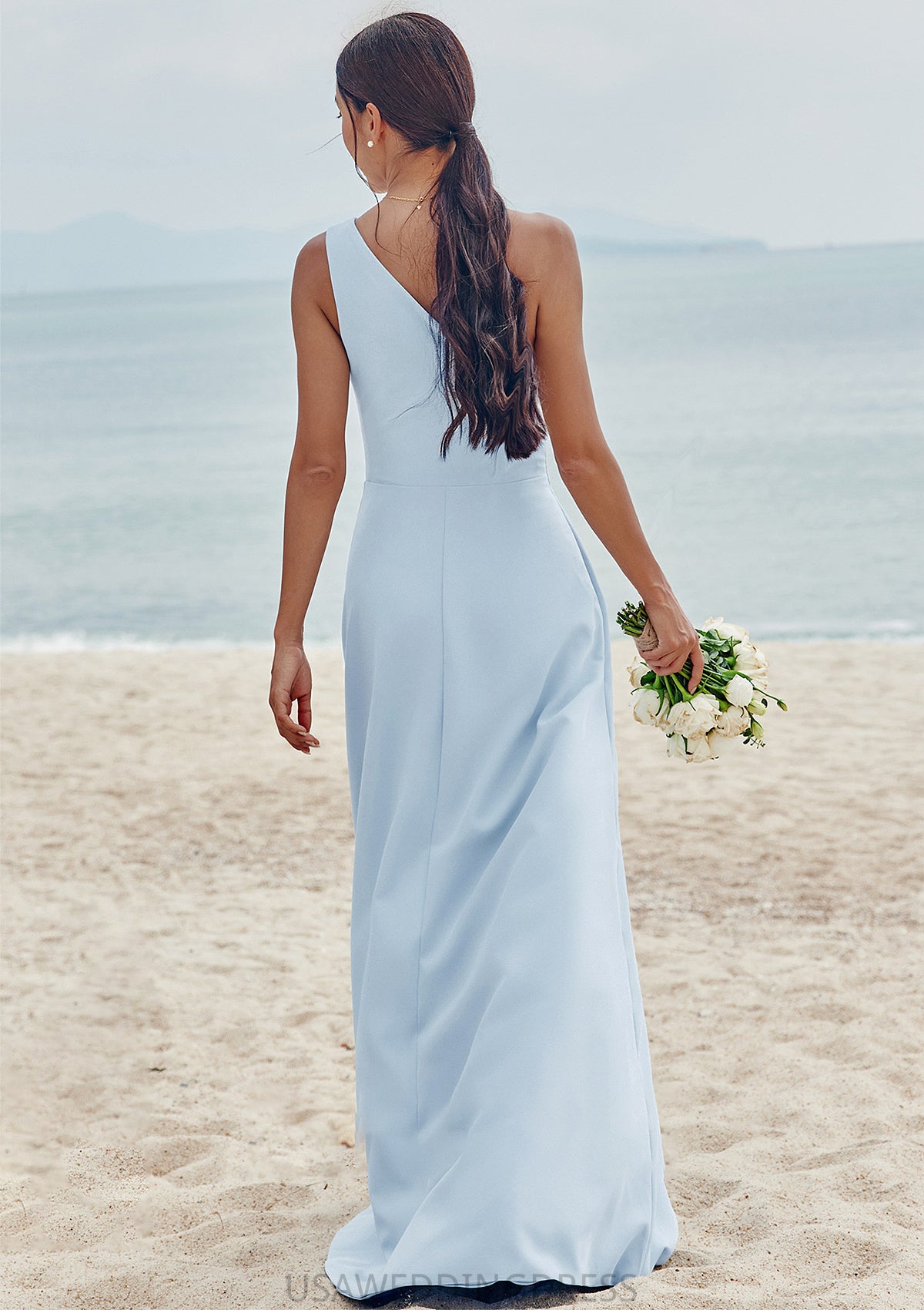 A-line One-Shoulder Sleeveless Floor-Length Stretch Crepe Bridesmaid Dresses with Pleated Split Ansley DSP0025284