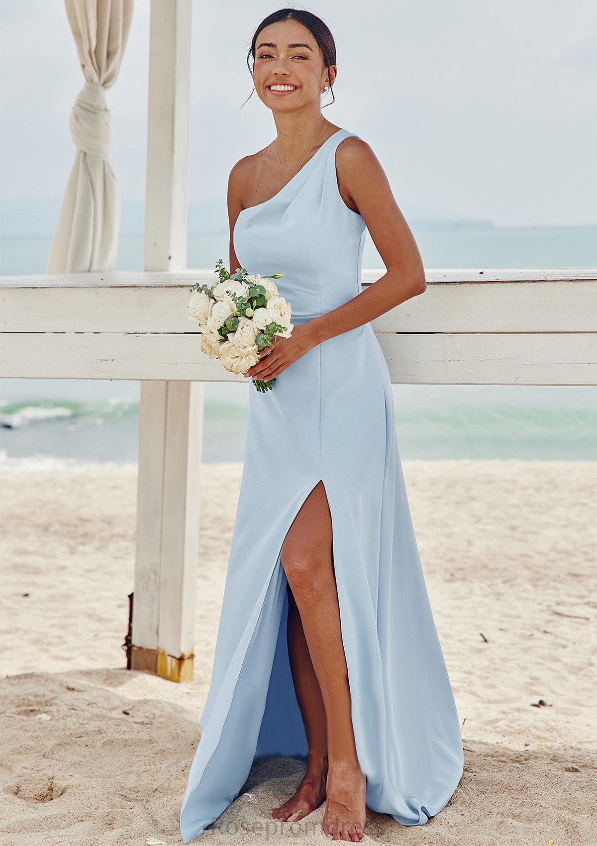 A-line One-Shoulder Sleeveless Floor-Length Stretch Crepe Bridesmaid Dresses with Pleated Split Gia SRSP0025284