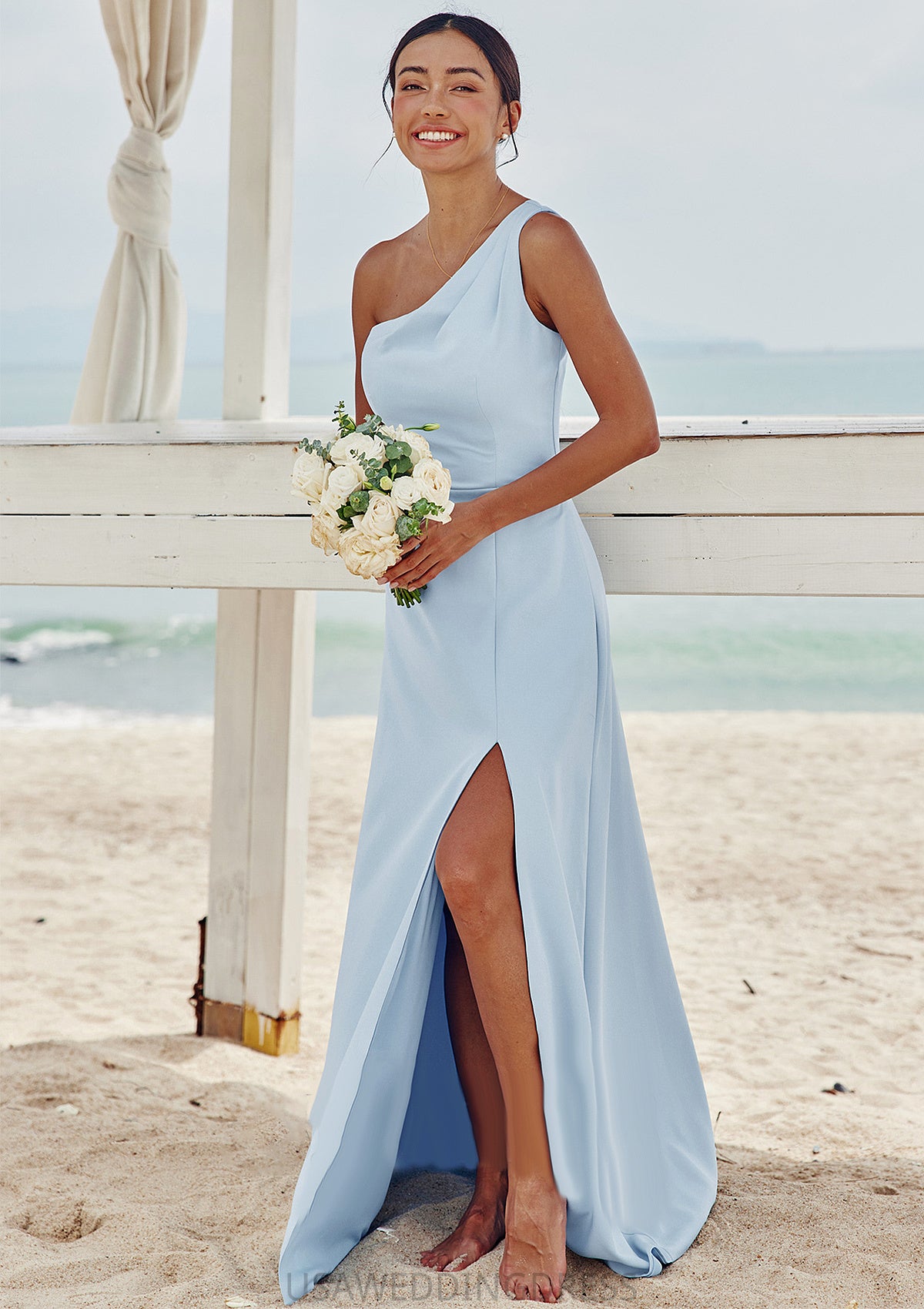 A-line One-Shoulder Sleeveless Floor-Length Stretch Crepe Bridesmaid Dresses with Pleated Split Ansley DSP0025284