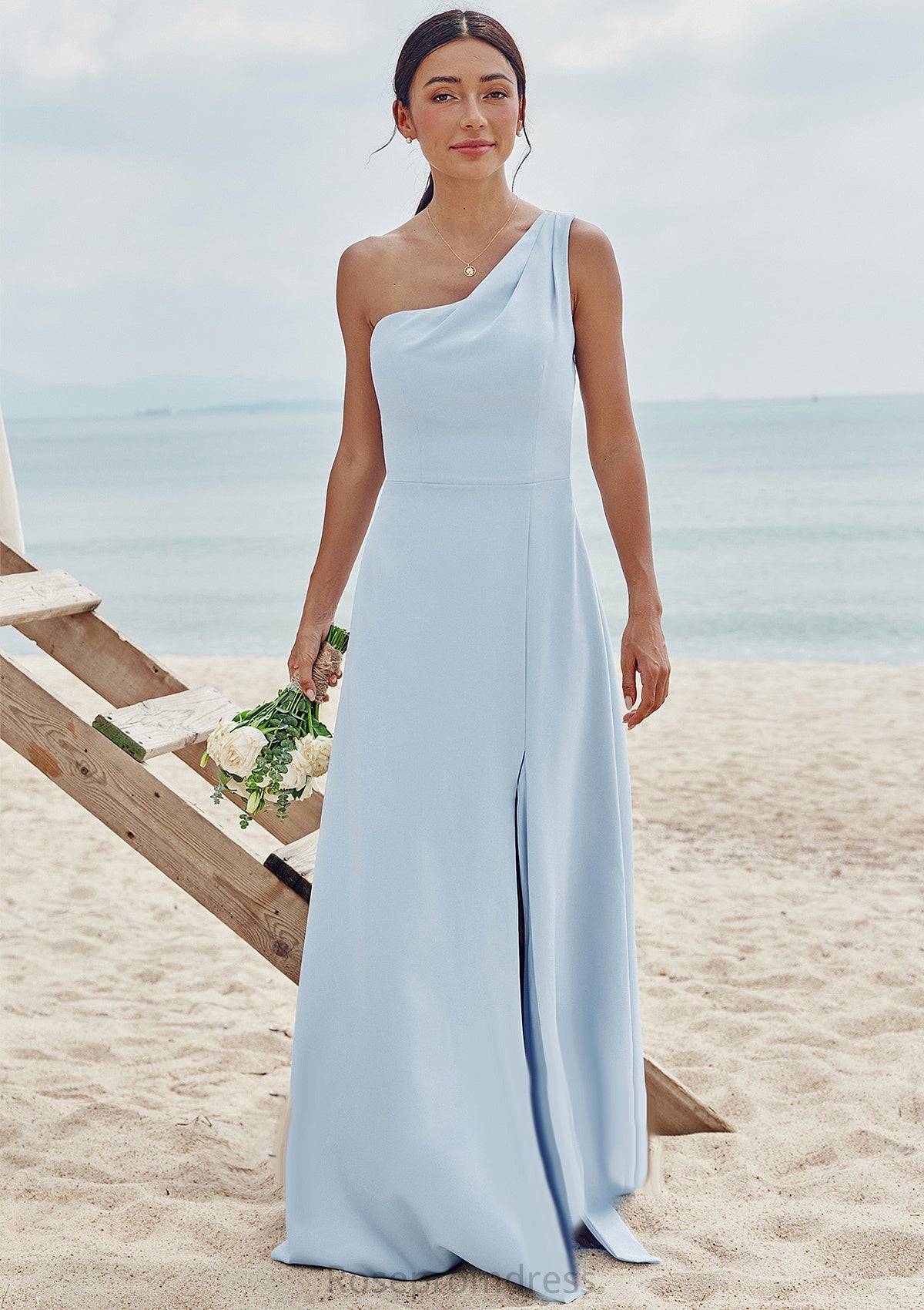 A-line One-Shoulder Sleeveless Floor-Length Stretch Crepe Bridesmaid Dresses with Pleated Split Gia SRSP0025284