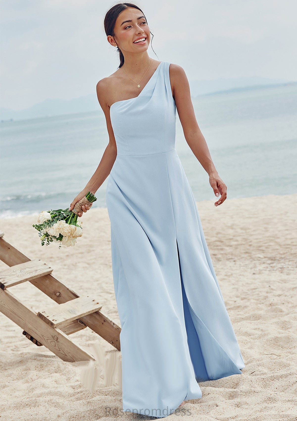 A-line One-Shoulder Sleeveless Floor-Length Stretch Crepe Bridesmaid Dresses with Pleated Split Gia SRSP0025284