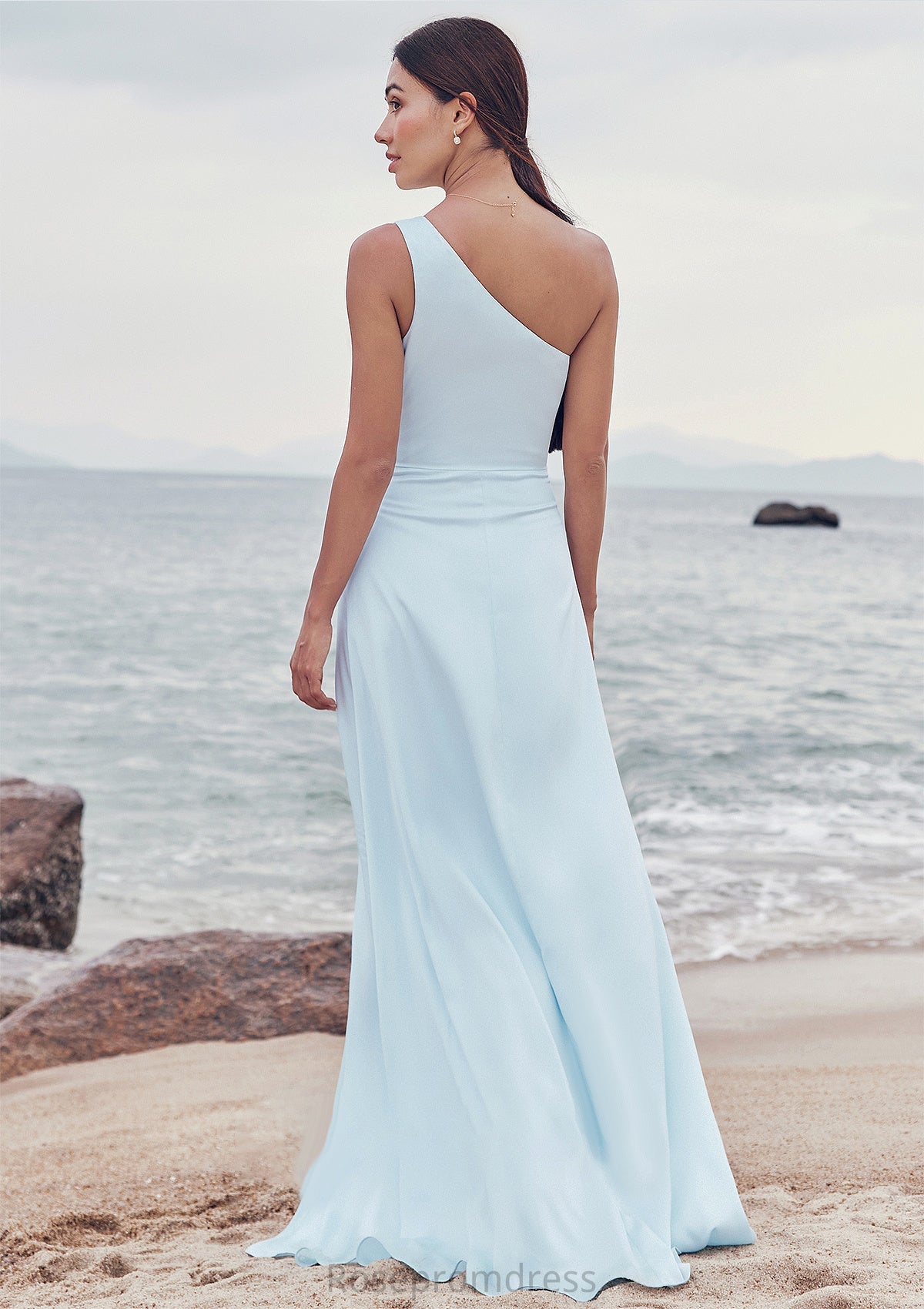 A-line One-Shoulder Sleeveless Floor-Length Stretch Satin Bridesmaid Dresses with Split Nicky SRSP0025285