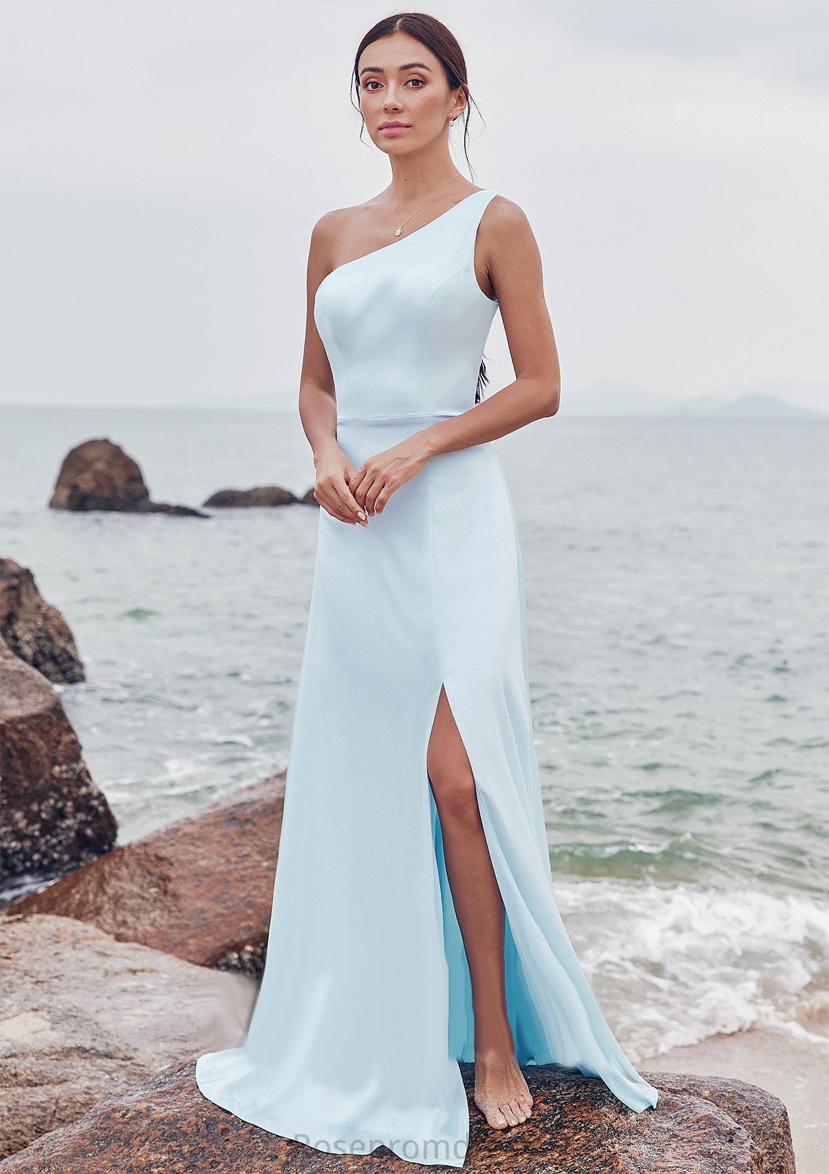 A-line One-Shoulder Sleeveless Floor-Length Stretch Satin Bridesmaid Dresses with Split Nicky SRSP0025285