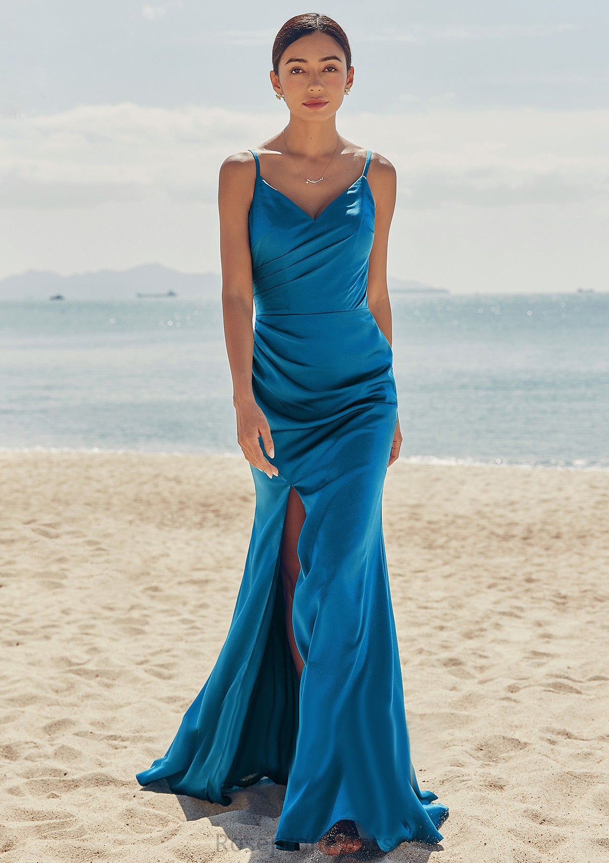 Trumpet/Mermaid V Neck Sleeveless Floor-Length Stretch Satin Bridesmaid Dresses with Pleated Split Silvia SRSP0025286