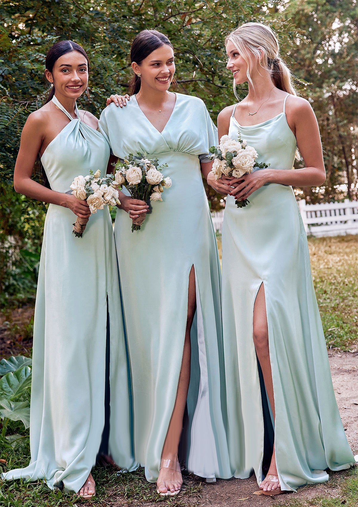 A-line Halter Sleeveless Floor-Length Stretch Satin Bridesmaid Dresses with Split Diya SRSP0025287