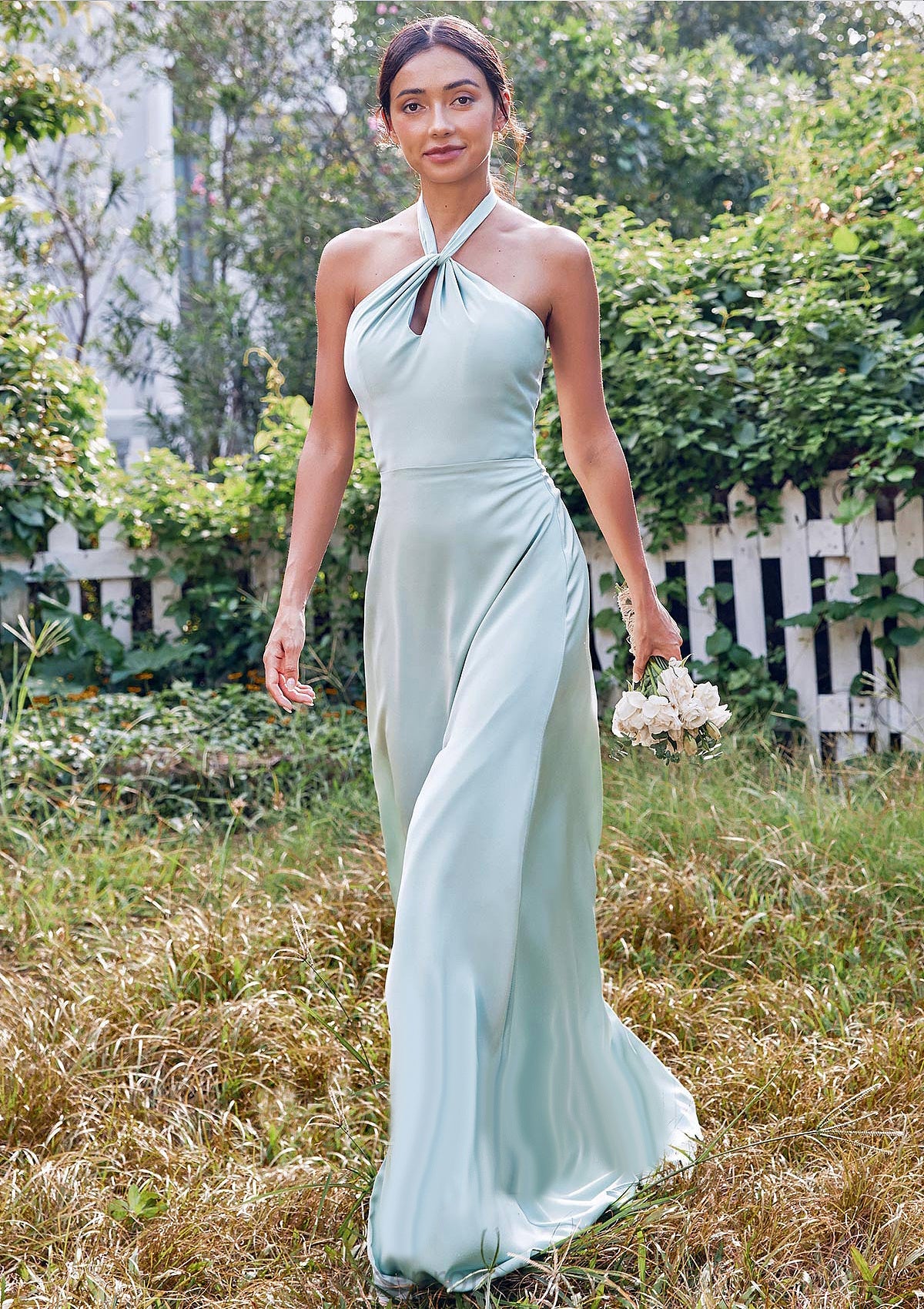 A-line Halter Sleeveless Floor-Length Stretch Satin Bridesmaid Dresses with Split Diya SRSP0025287