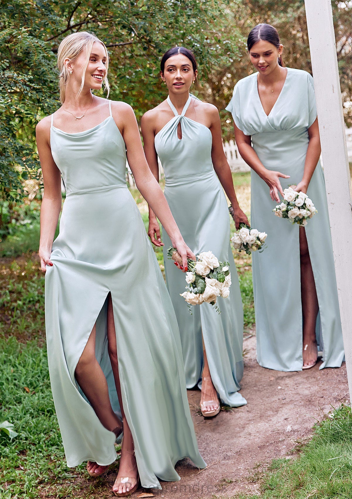 A-line Halter Sleeveless Floor-Length Stretch Satin Bridesmaid Dresses with Split Diya SRSP0025287