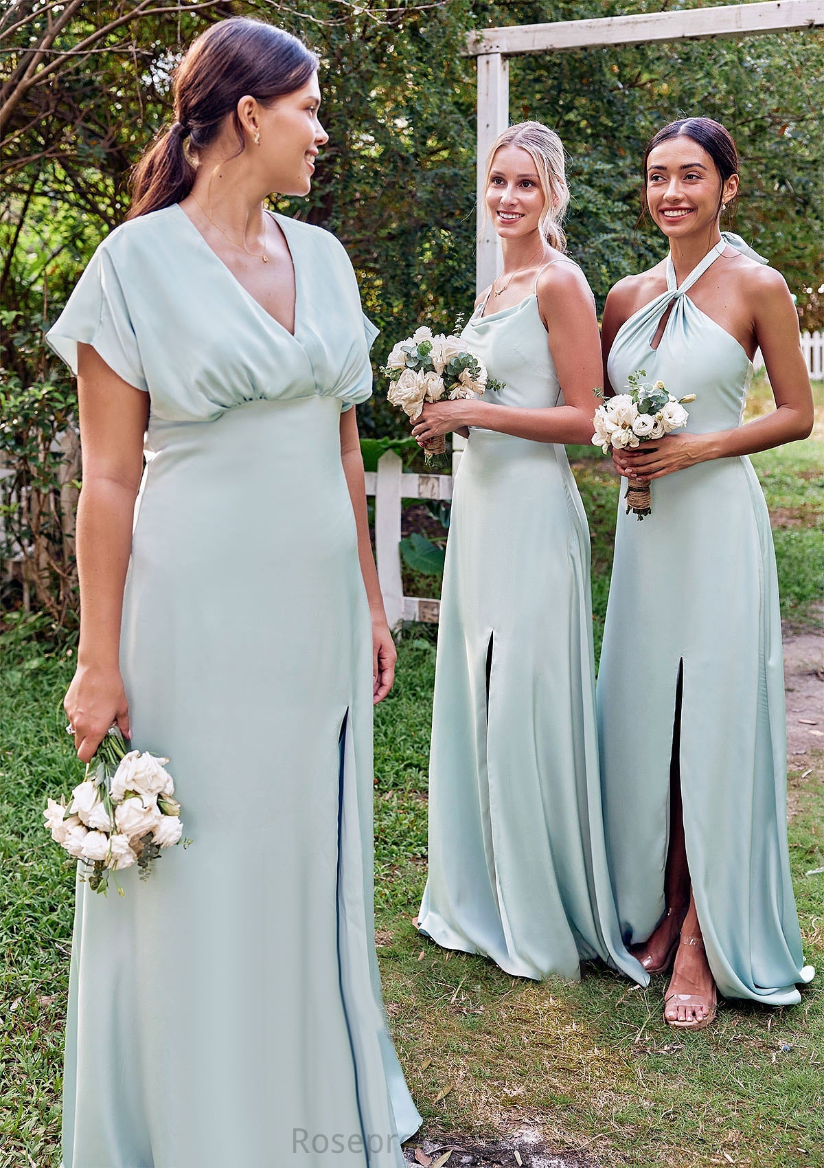 A-line Halter Sleeveless Floor-Length Stretch Satin Bridesmaid Dresses with Split Diya SRSP0025287